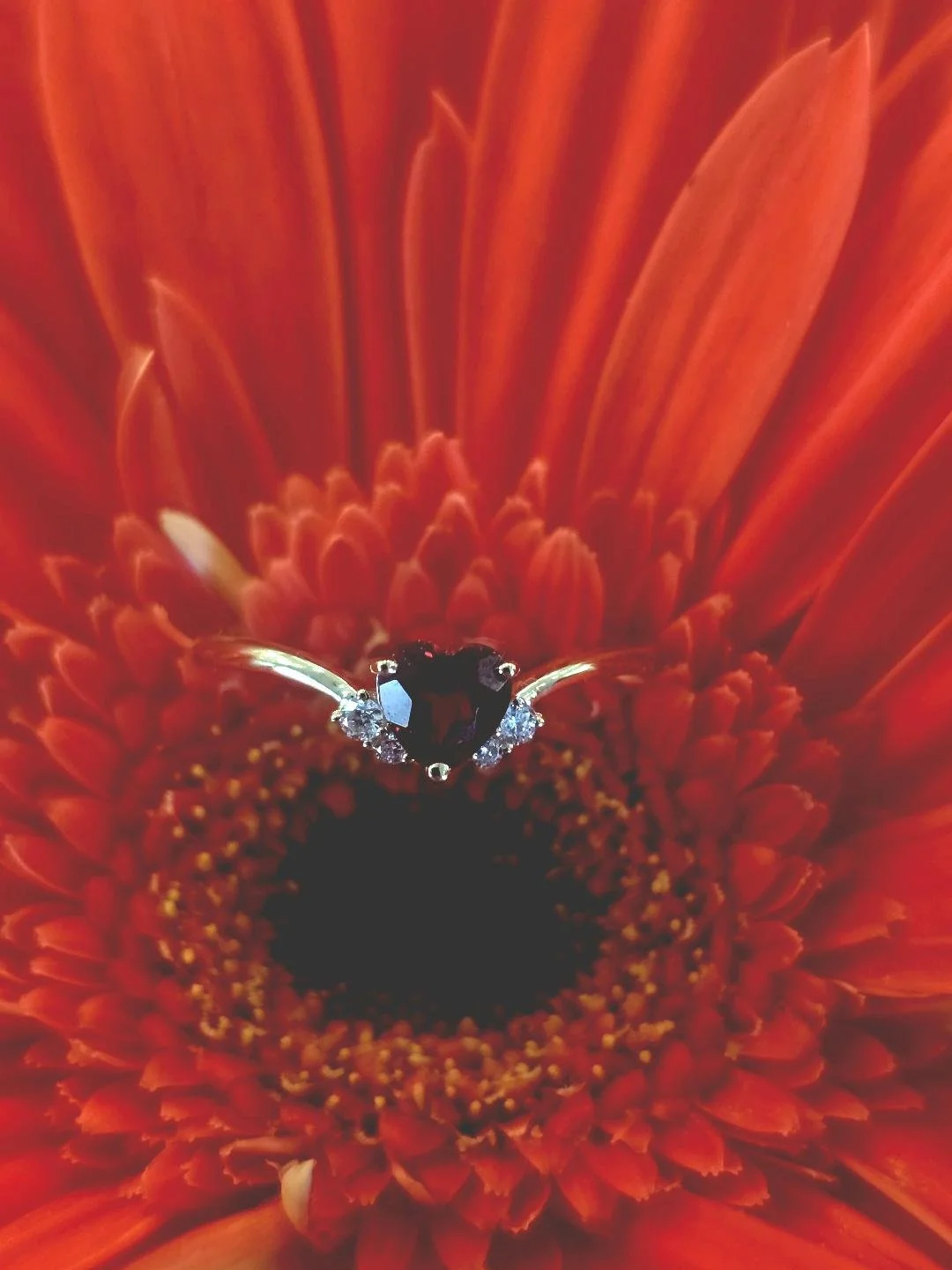 Front view of a yellow gold heart garnet and diamond ring on burnt orange flower