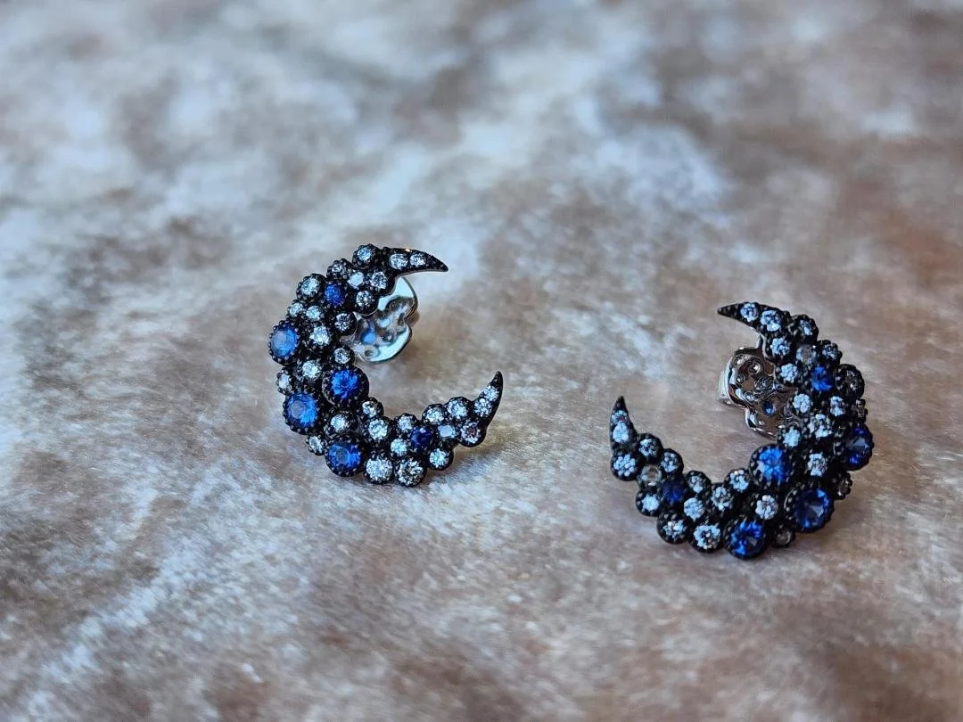 Sapphire and Diamond Crescent Moon Earrings