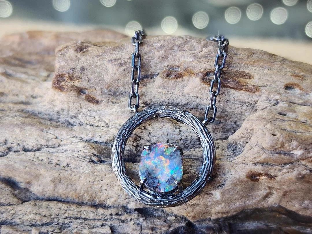 Australian Boulder Opal Necklace In Blackened Sterling Silver