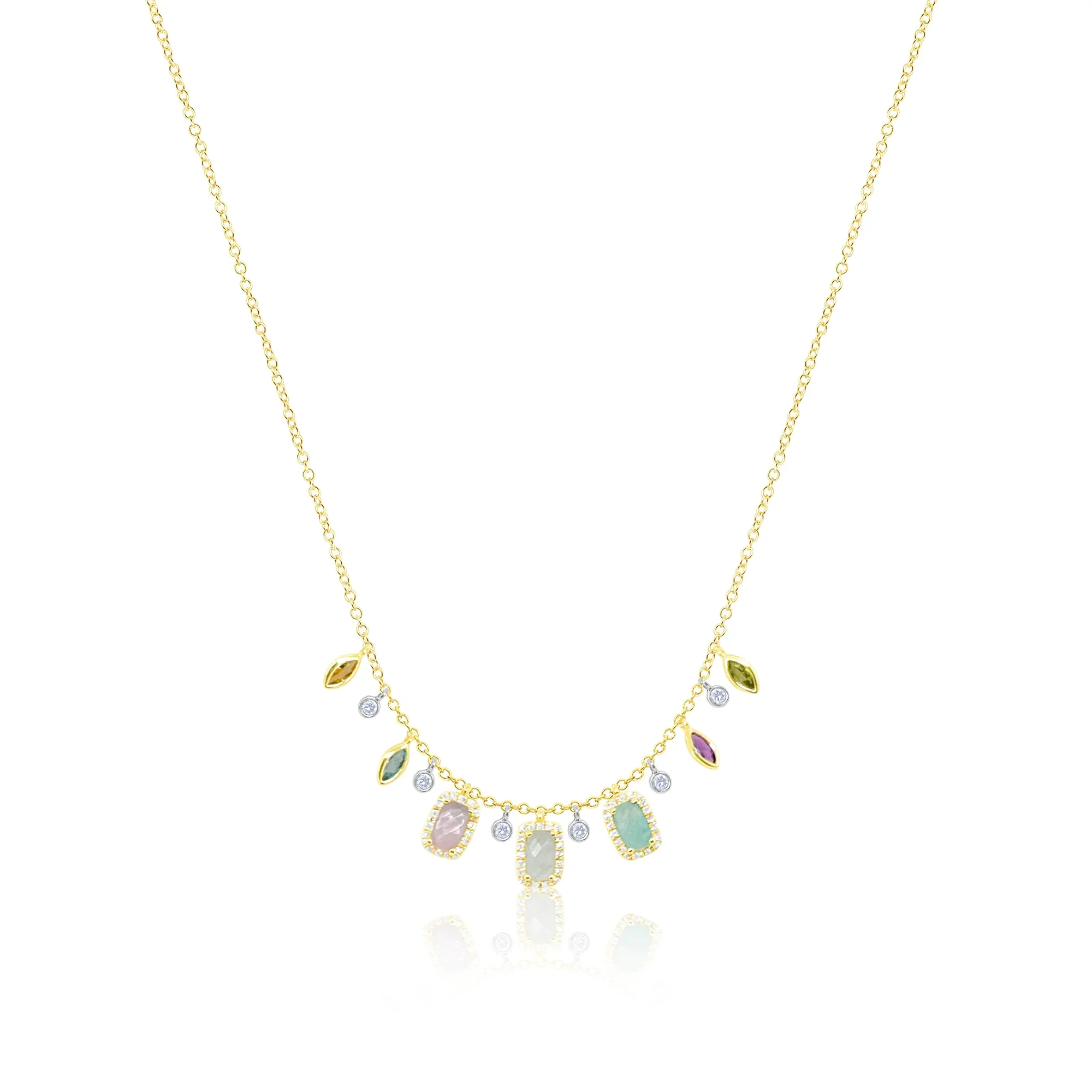 Multi colored pastel necklace in 14k yellow gold with white background
