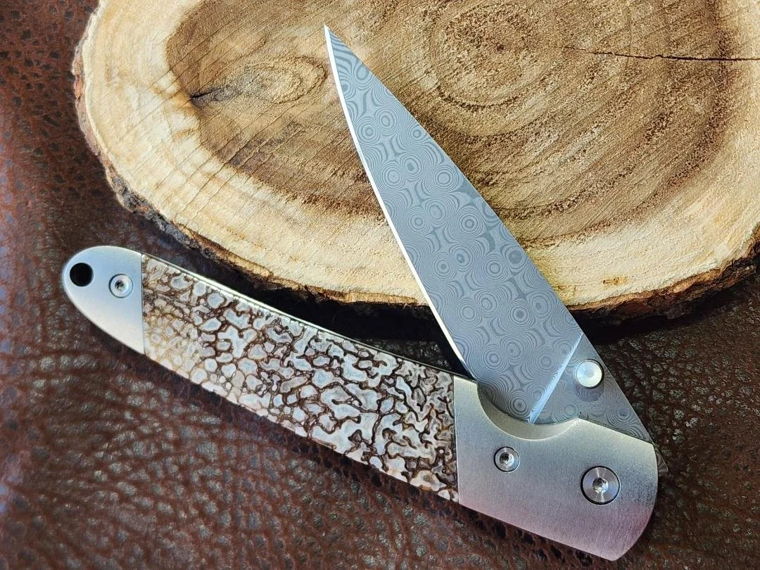 4" Raindrop Damascus Titanium Frame Agatized Dinosaur Bone Knife