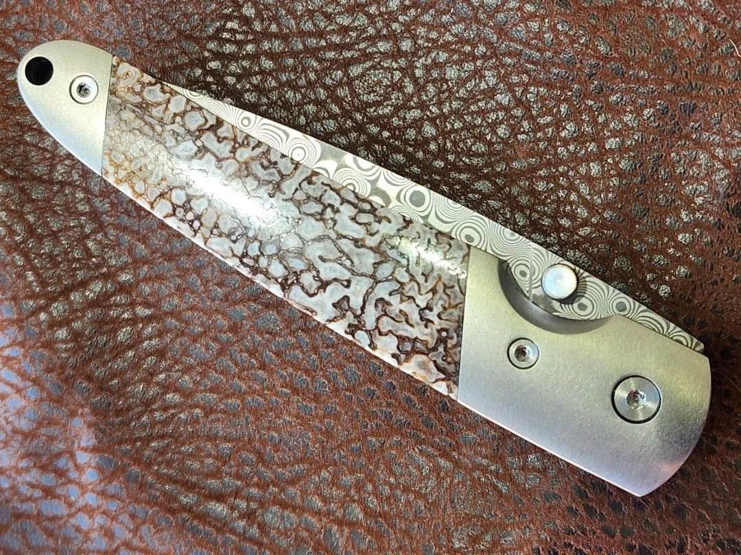 one 4" closed knife with raindrop damascus and a agatized dinosaur bone handle on a wood slice and imitation leather background