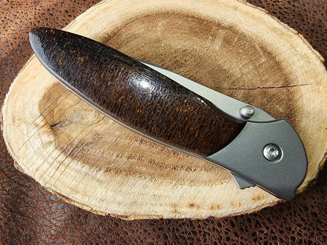 One closed  knife with a agatized dinosaur inlay on handle on wood slice and imitation leather background