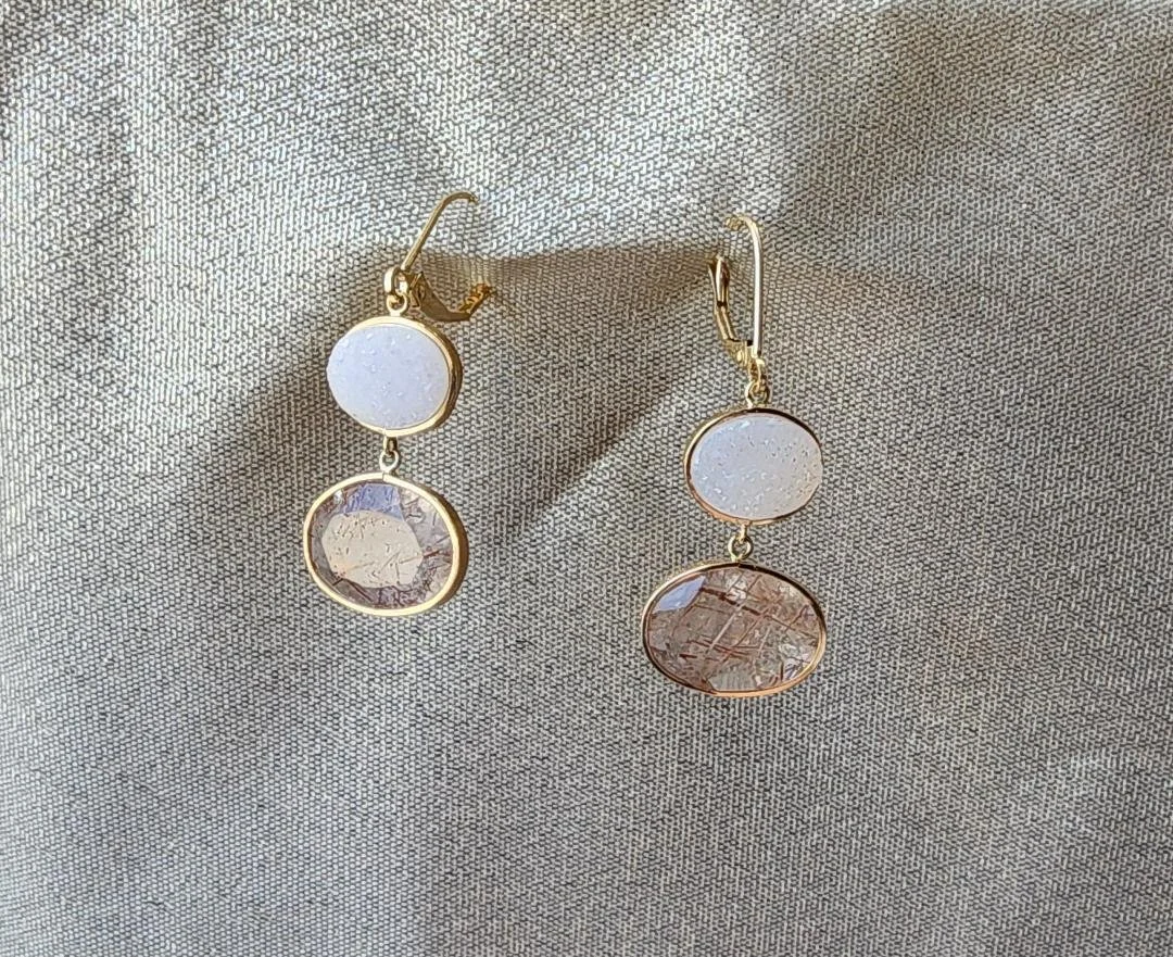 14k Yellow Gold Druzy and Rulitated Quartz Earrings