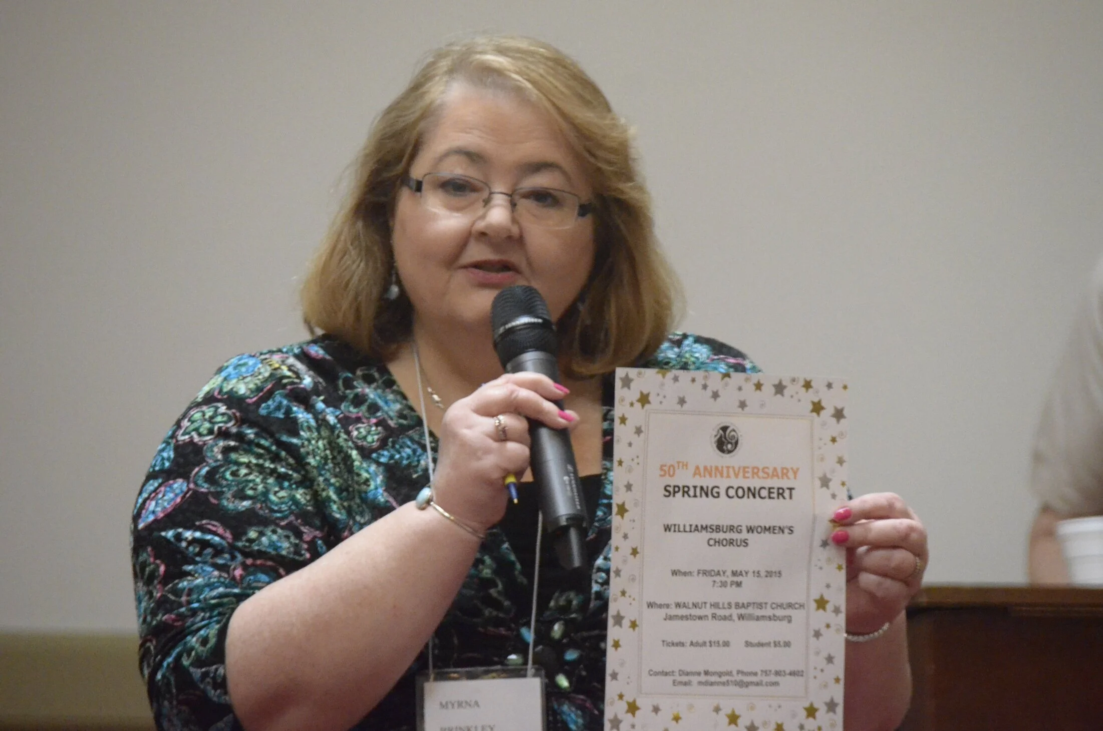 Myrna Brinkley, WWC PooBah, invites WMC members to attend WWC's 50th Anniversary Concert