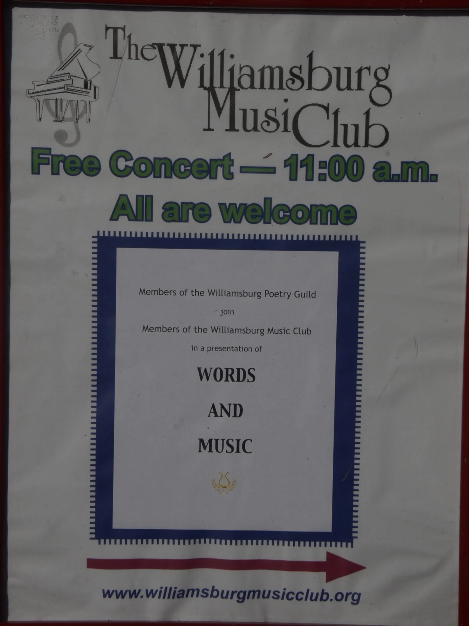 Sept 16th:  WMC presents Words and Music, featuring members of the WIlliamsburg Poetry Guild and WMC
