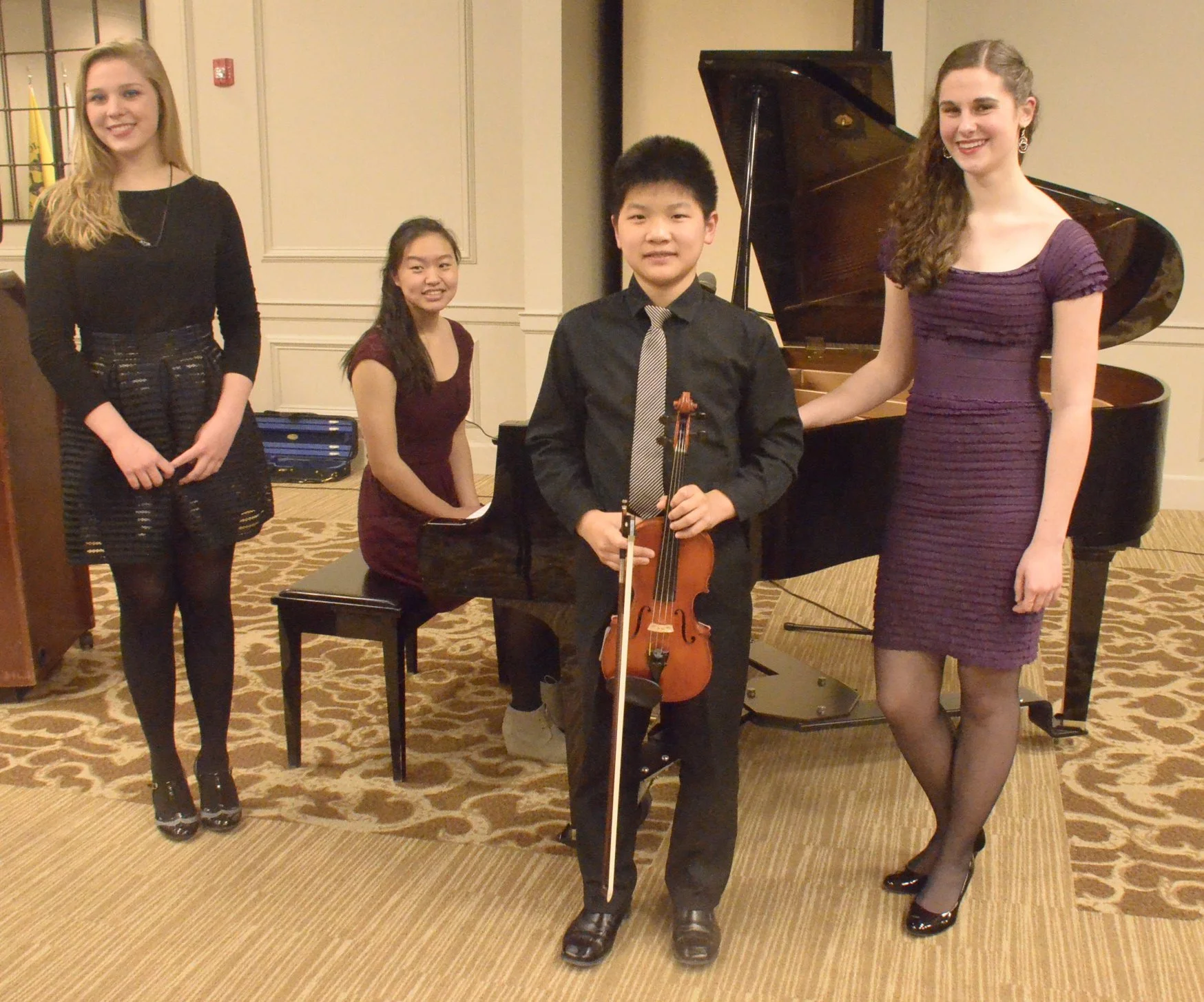 Jan 29th SB Recital at Patriot's Colony, L to R:  Tara Davy, Melissa Zhu, Caleb Song, Haley Griffith