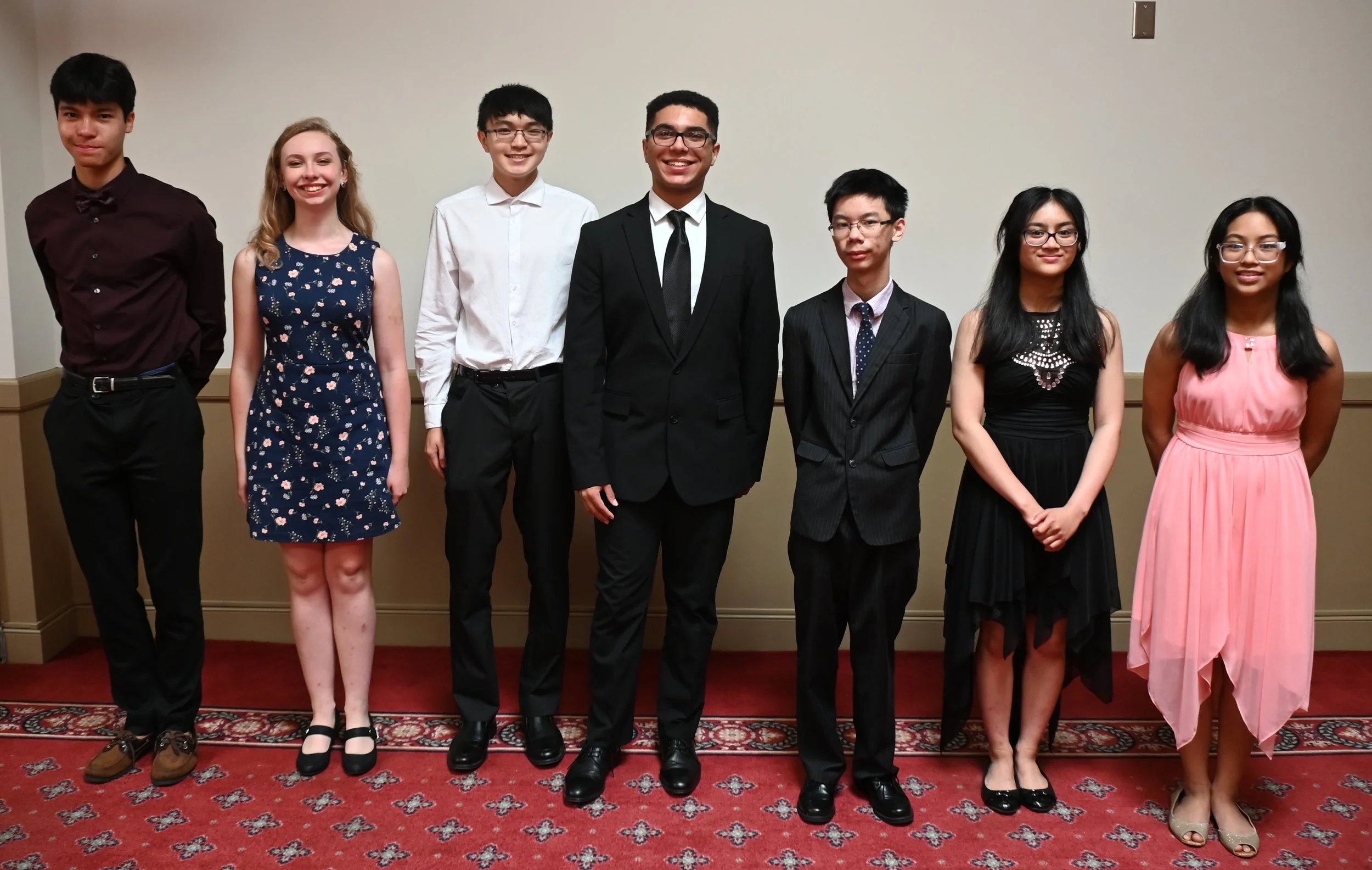 2022 GIA Audition Winners:  L to R, Alan Schuster, Anneliese Bush; Leo Guo, Christopher Kirby-Saunders, Ian Zhang, Maxyn Hallare, Hally Hallare