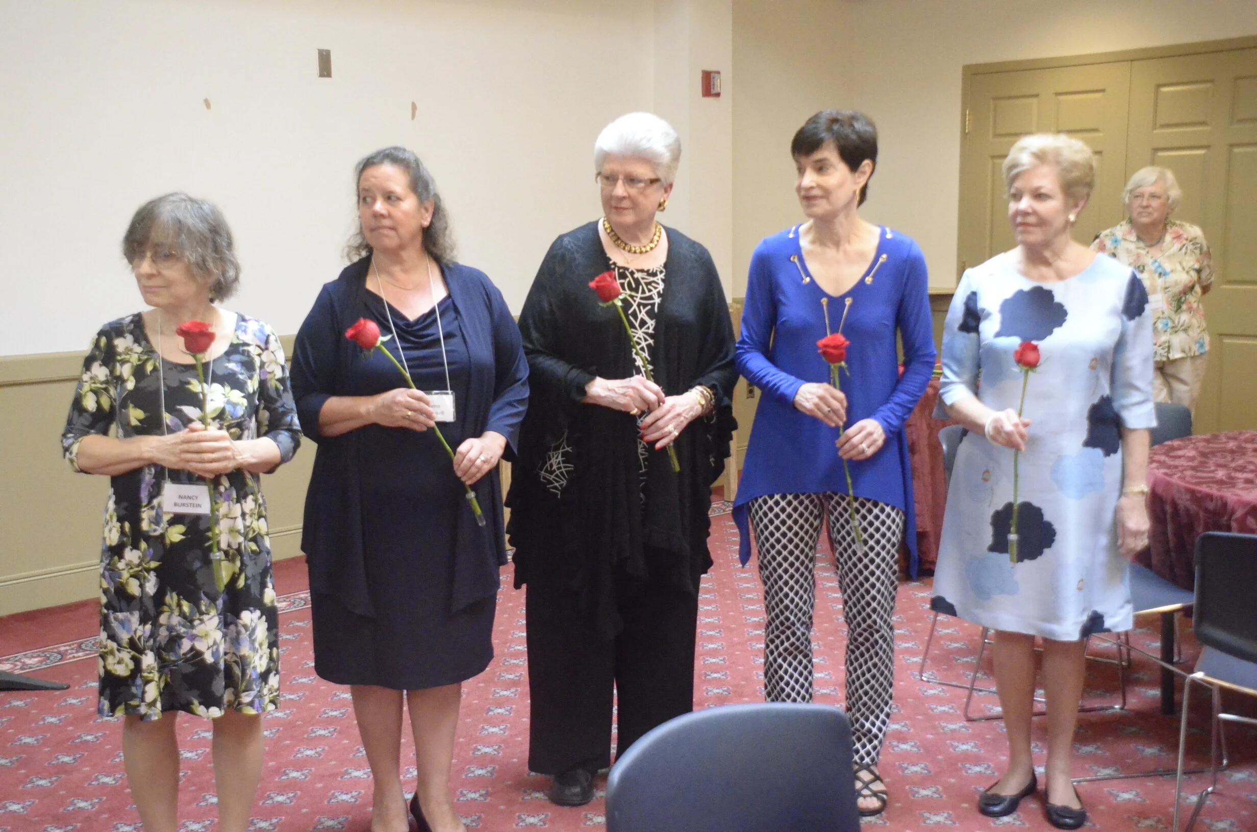 2018-2021 Officers: L to R, Nancy Burnstien, retiring Second VP: Membership; Deeno O'Connell, Recording Secretary; Donna Herman, President; Terry Murphy, First VP: Programs; and Joan Brockenbrough, Corresponding Secretary