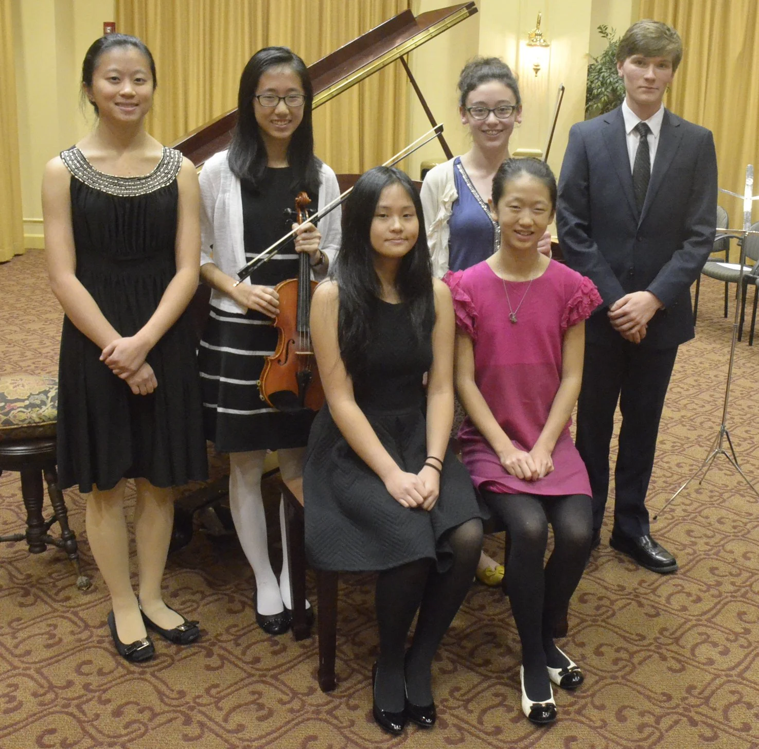 Nov 20th SB Recital at WindsorMeade, featuring GIA students (L to R seated) Annie Cao, Anna Zhang; (L to R standing) Claire Du, Samantha Zhang, ALice Leruth, Bryce Cuthriell