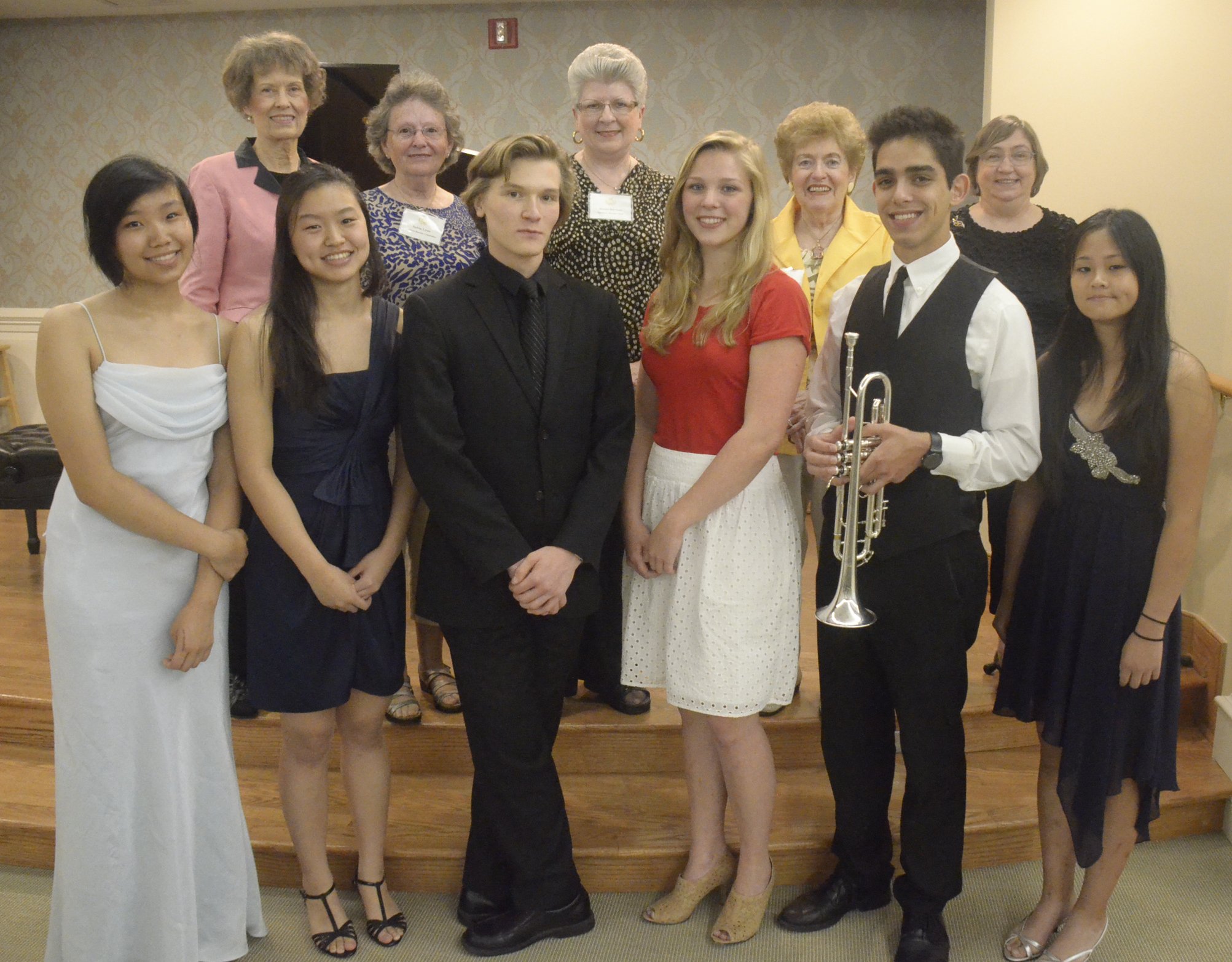 June 16th SB Recital at Williamsburg Landing:  The students with SB Committee members:  Susan Bookless, Sylvia Lynn, Donna Herman, President; Marge Tongue, WMC member and WL resident, and Nancy Lanier