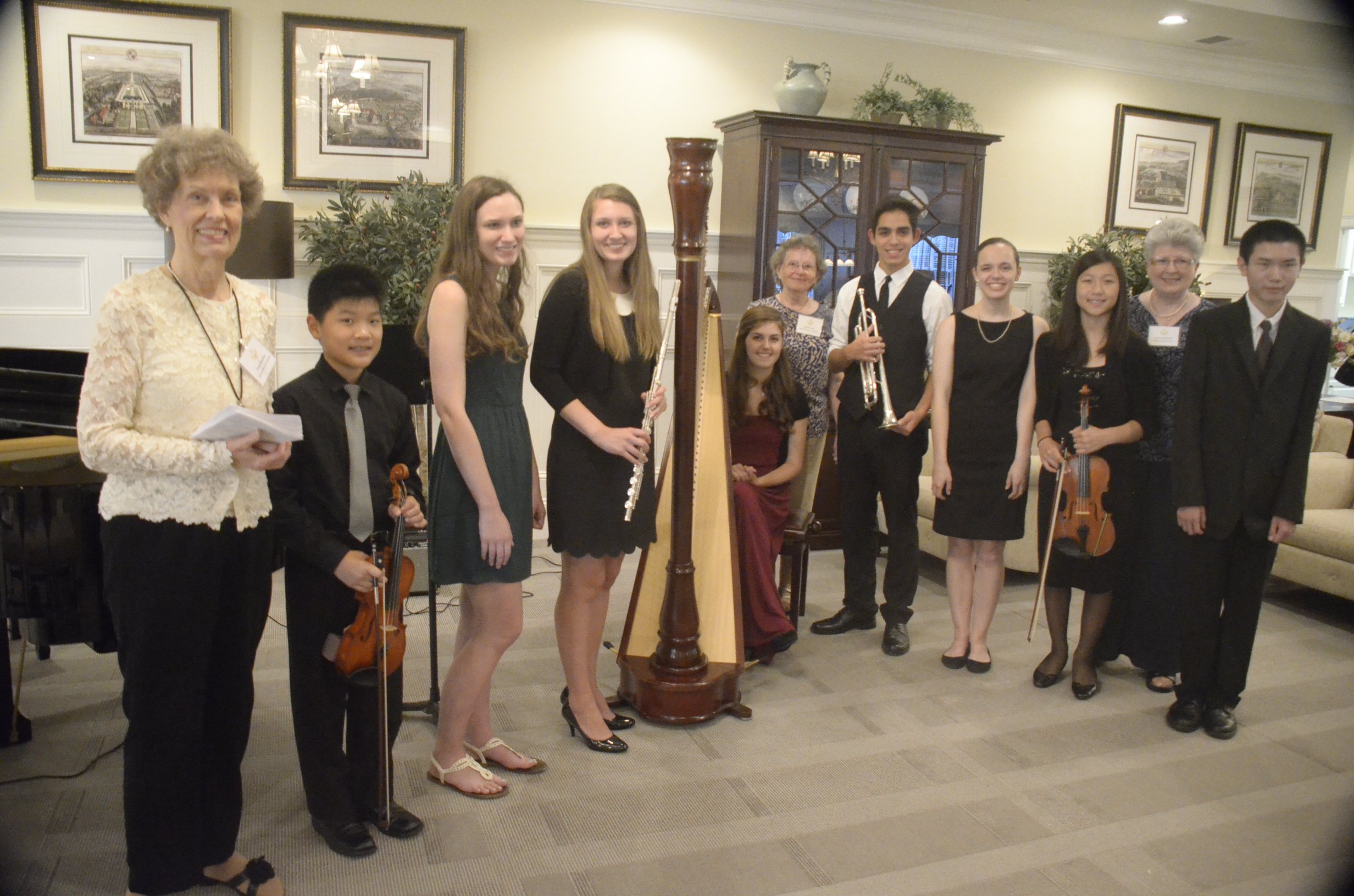 July 16th SB Recital at Verena at the Reserve:  (L to R)  Susan Bookless, SB Com.; Caleb Song, Kelly Monteith, accompanist; Catherine Ontko; Carrie Anderson; Sylvia Lynn, SB Com.; Haidar Barbarji; Eliza Geer; Anna Song; Donna Herman, SB Chair; Kyle H