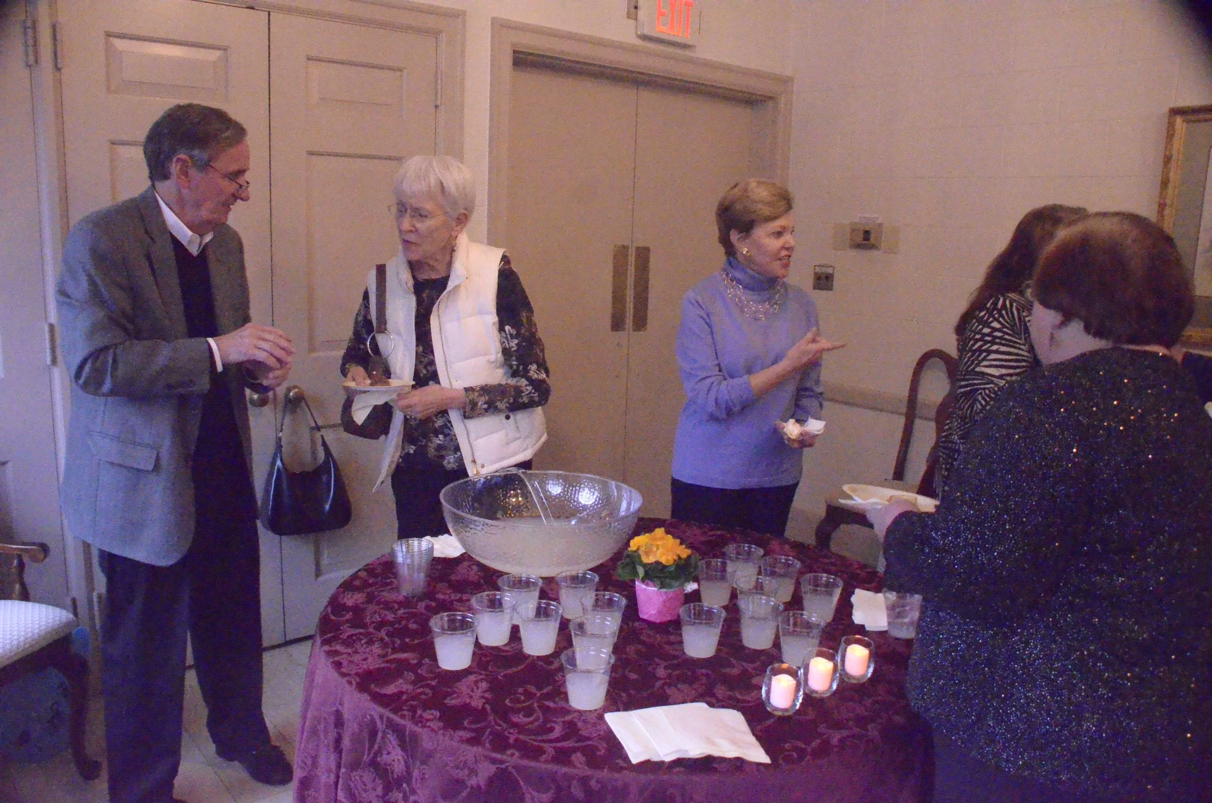 Enjoying punch are L to R:  Tom Brockenbrough; Esther Gay; Joan Brockenbrough, Hostess