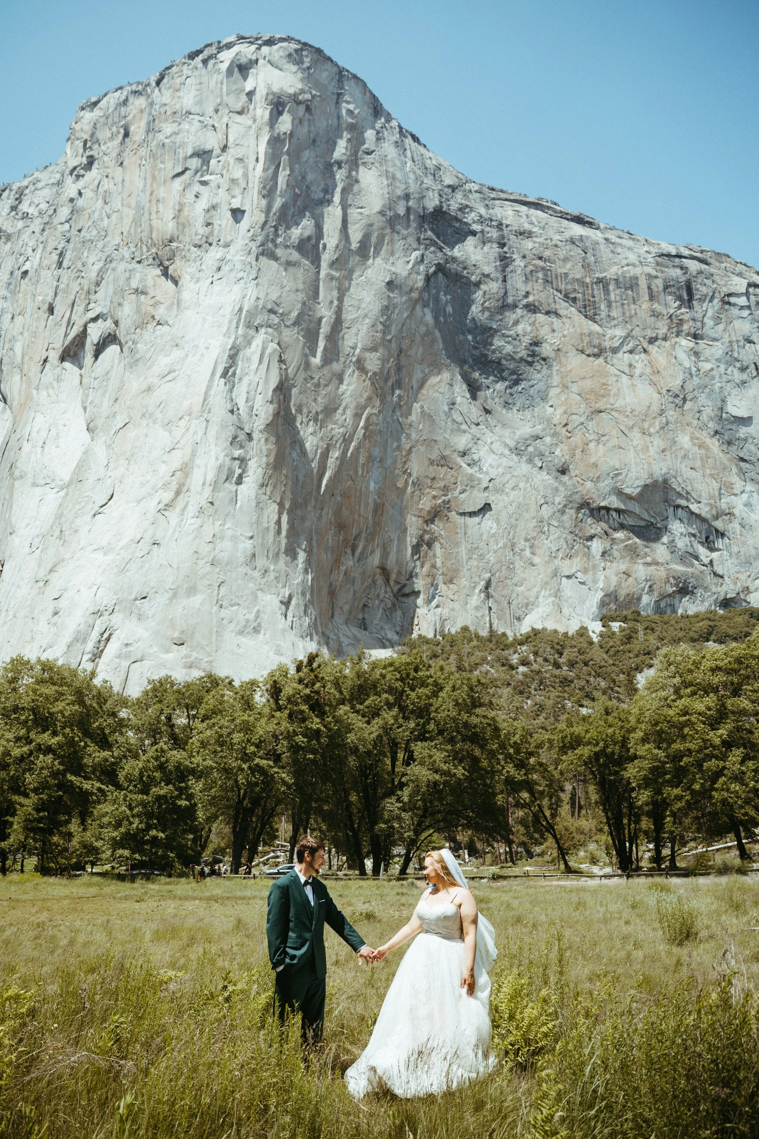 A bride and groom holding hands in a grassy field with trees and a massive granite mountain in the background.