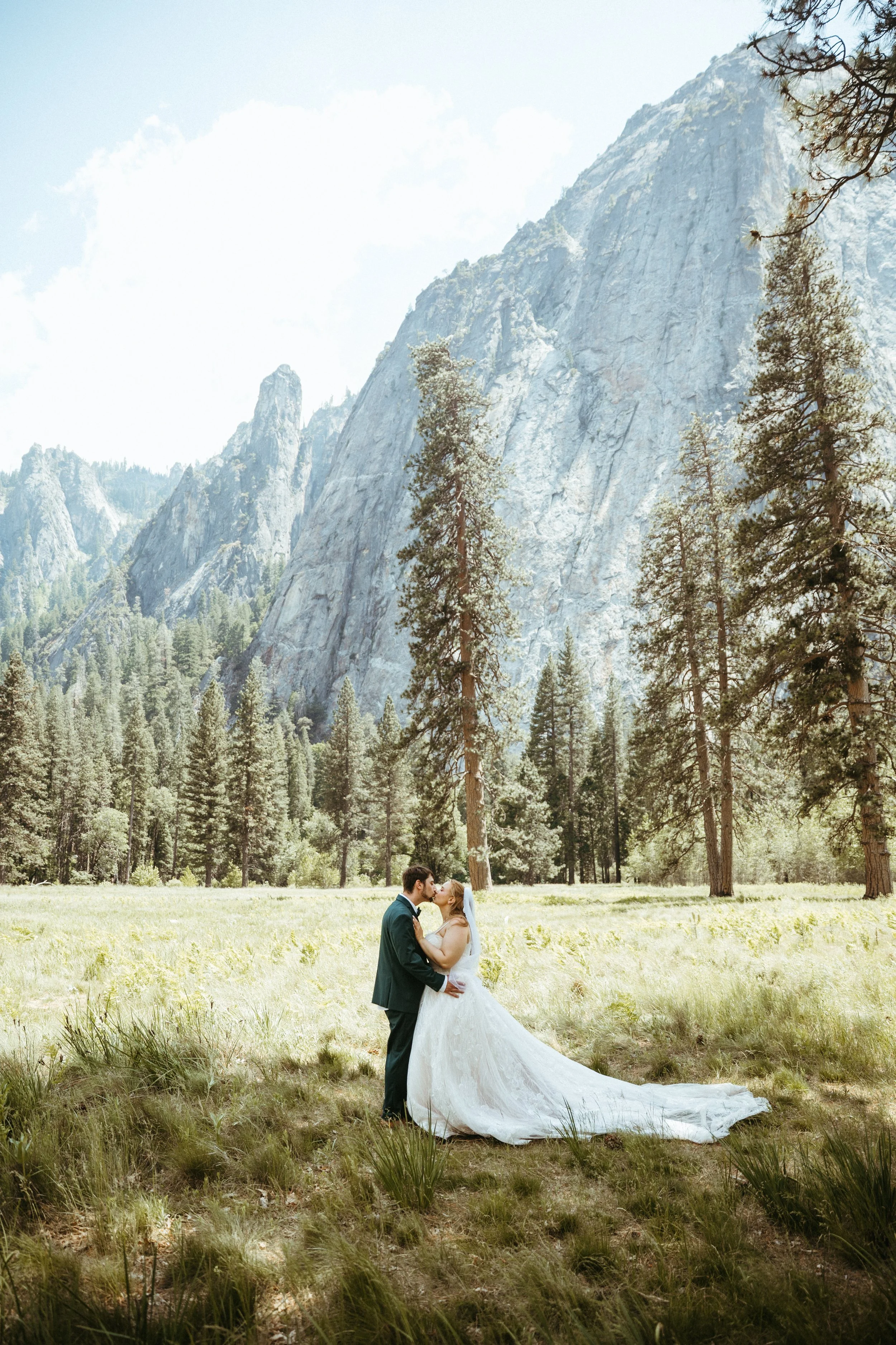 A bride and groom kissing in a forest clearing with mountains and tall trees in the background.