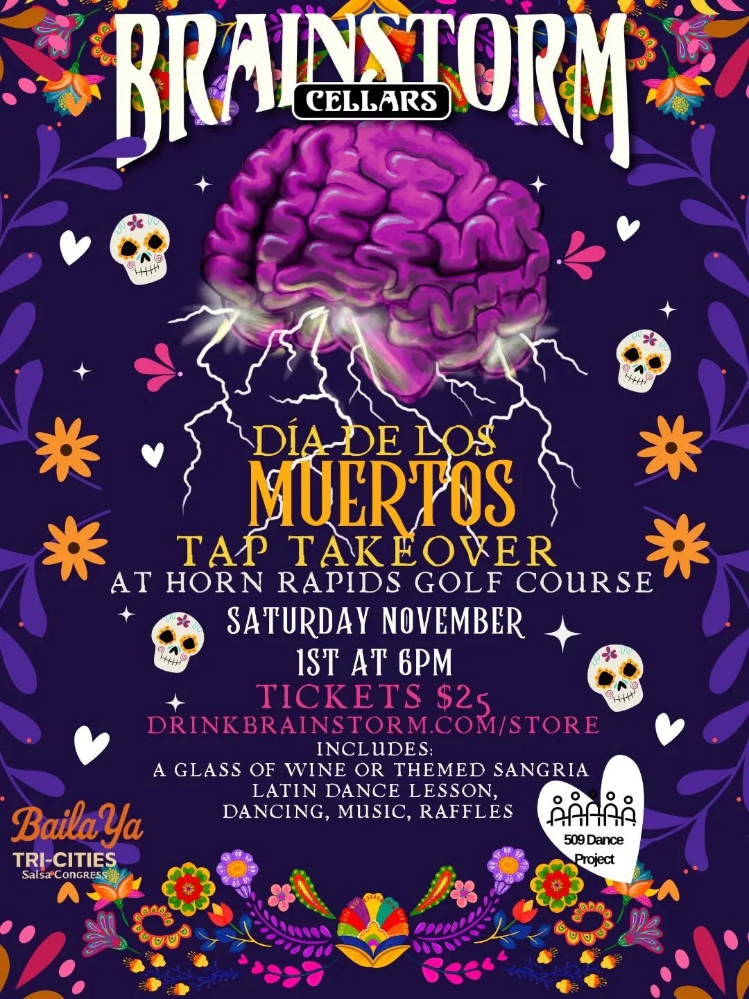 💃💀Join us for a vibrant evening of dancing, drinks and celebration!🎉

Your $25 ticket includes:

💀Entry to the event

🍷One glass of wine or themed sangria

🕺A salsa dance lesson provided by 509 Dance Project💃

🎟️🏆Automatic entry to win raffl