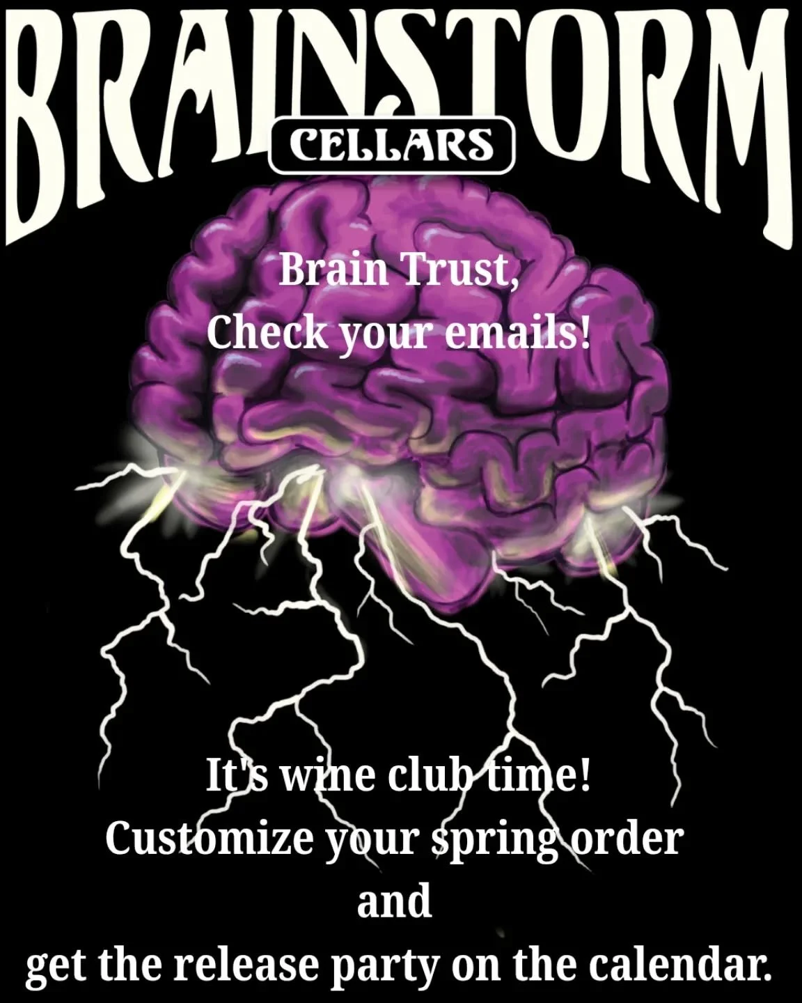 🍷 Spring has Sprung at Brainstorm Cellars!
Hey Wine Club Fam! 🌸
It&rsquo;s officially time to refresh your racks! Please 💥check your inboxes🍇 for all the juicy details on our Spring Release.
We are beyond stoked to finally share what we&rsquo;ve 