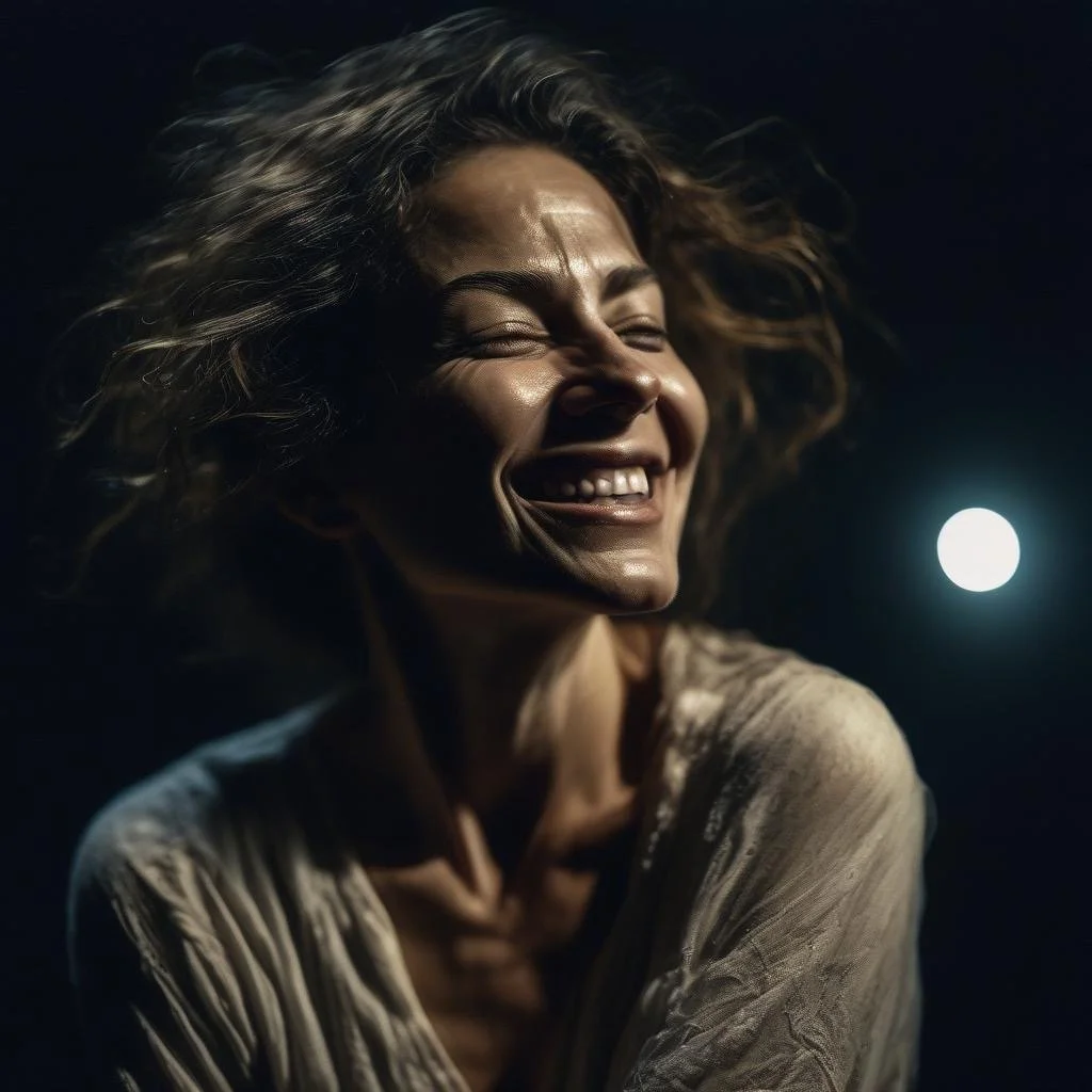 A woman with curly hair smiling with closed eyes at night, illuminated by a bright light source.