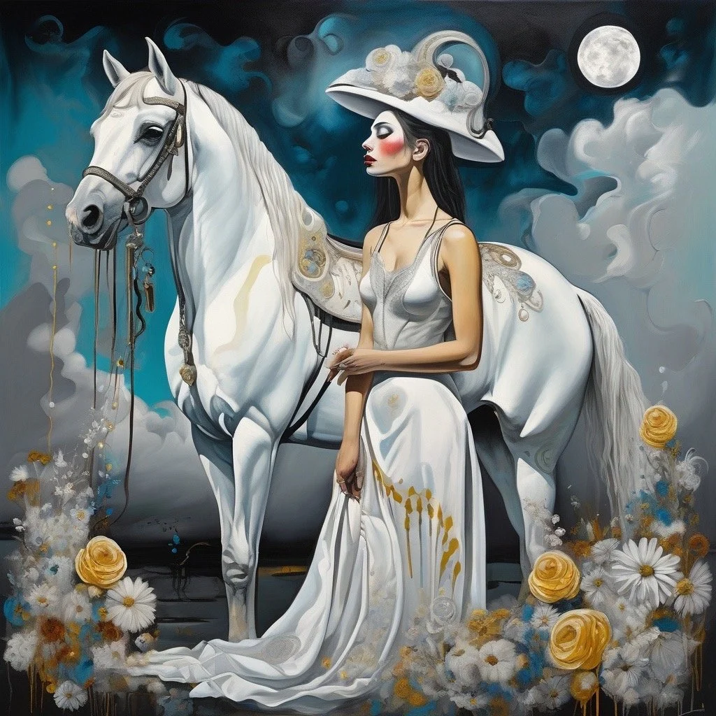 A woman dressed in a silver gown and a wide-brimmed hat adorned with flowers and clouds, sitting next to a white horse against a night sky with clouds, the moon, and moonlight.