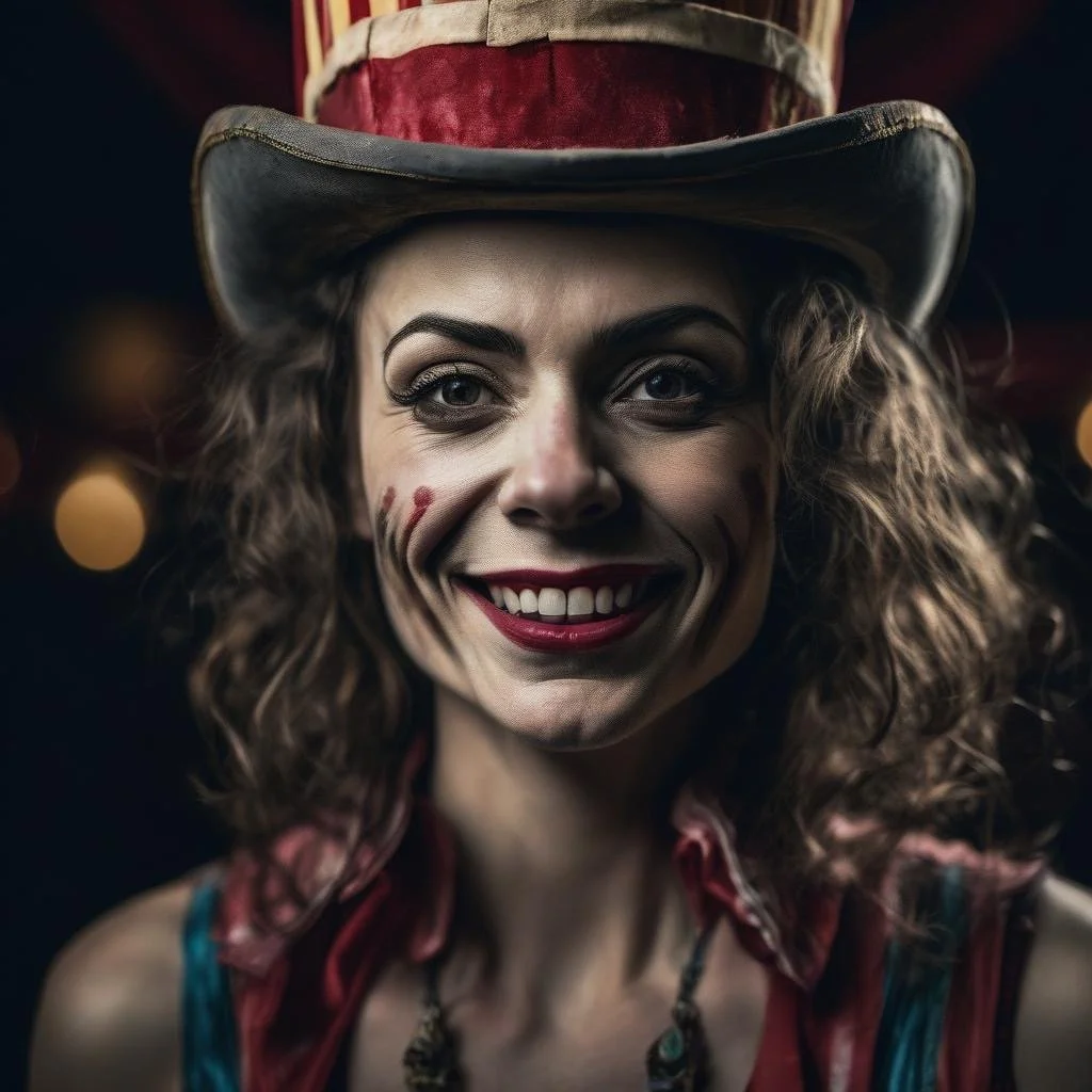 A woman with curly hair dressed as a clown, wearing a cowboy hat with red, white, and blue colors, smiling at the camera with makeup and face paint.