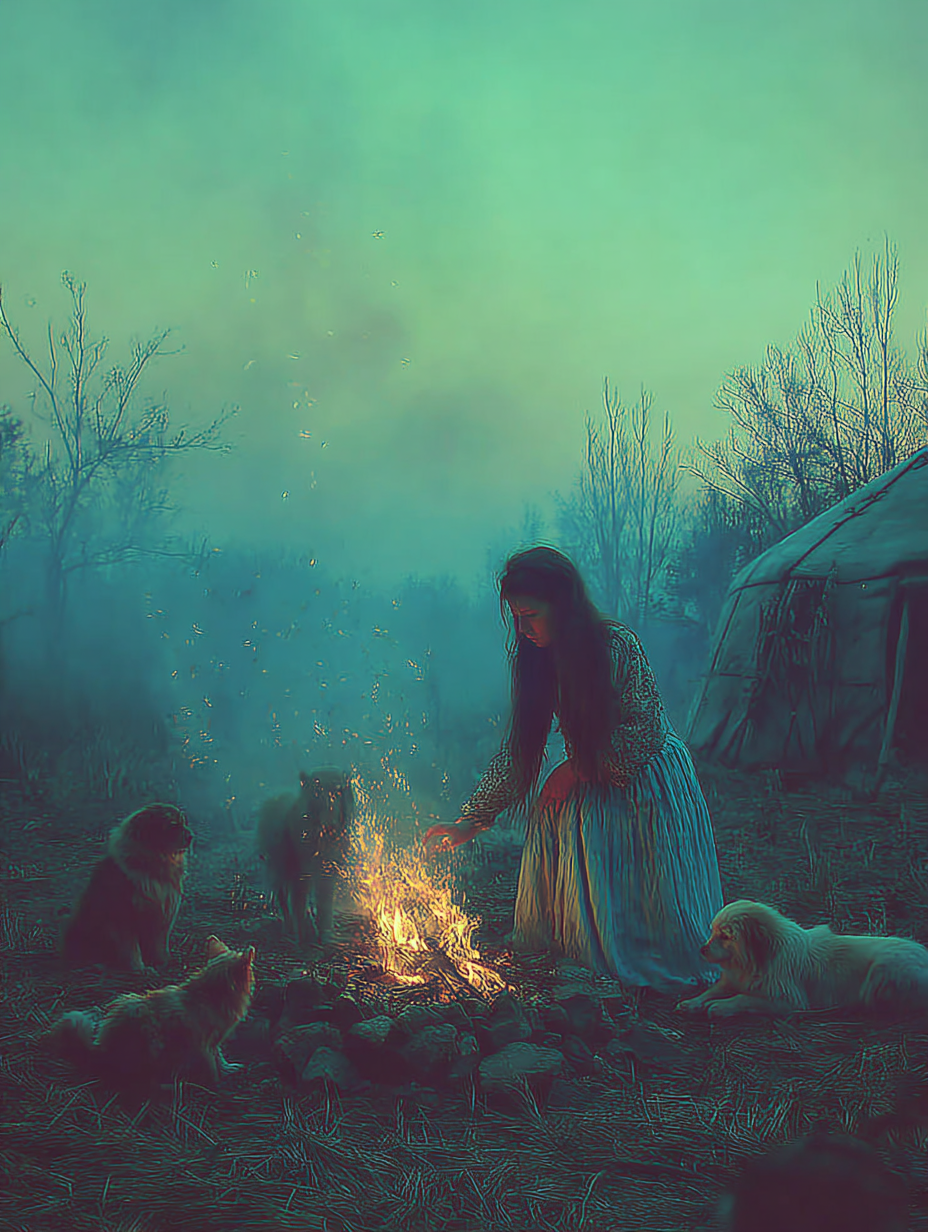 A woman in historical clothing tending to a small fire with several dogs around her outside near a tent and leafless trees.