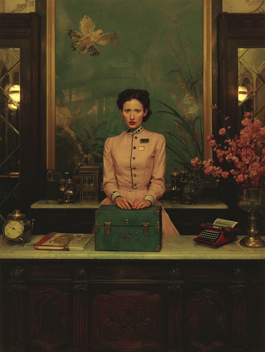 A vintage-style painting of a young woman in a pink uniform standing behind a reception desk, with a large green suitcase in front of her. The background features a nature scene with birds and plants, and the desk has various old-fashioned items, inc