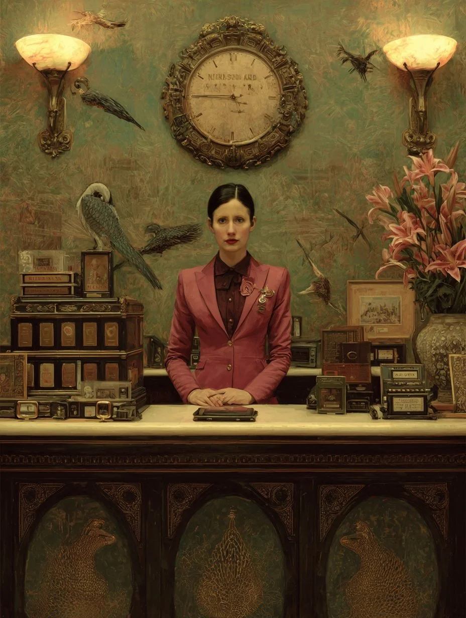 A woman in a pink blazer standing behind an ornate dark wood desk in a vintage-styled room, with a green wall decorated with flying birds, a large clock, a vase of pink lilies, and various books and vintage radios on the desk