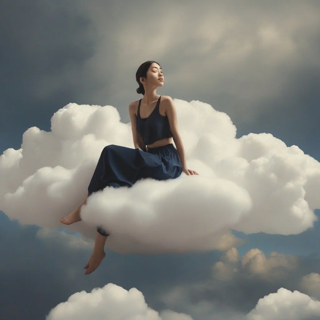 A woman is sitting on a large cloud with her eyes closed, wearing a dark blue dress, against a cloudy sky background.