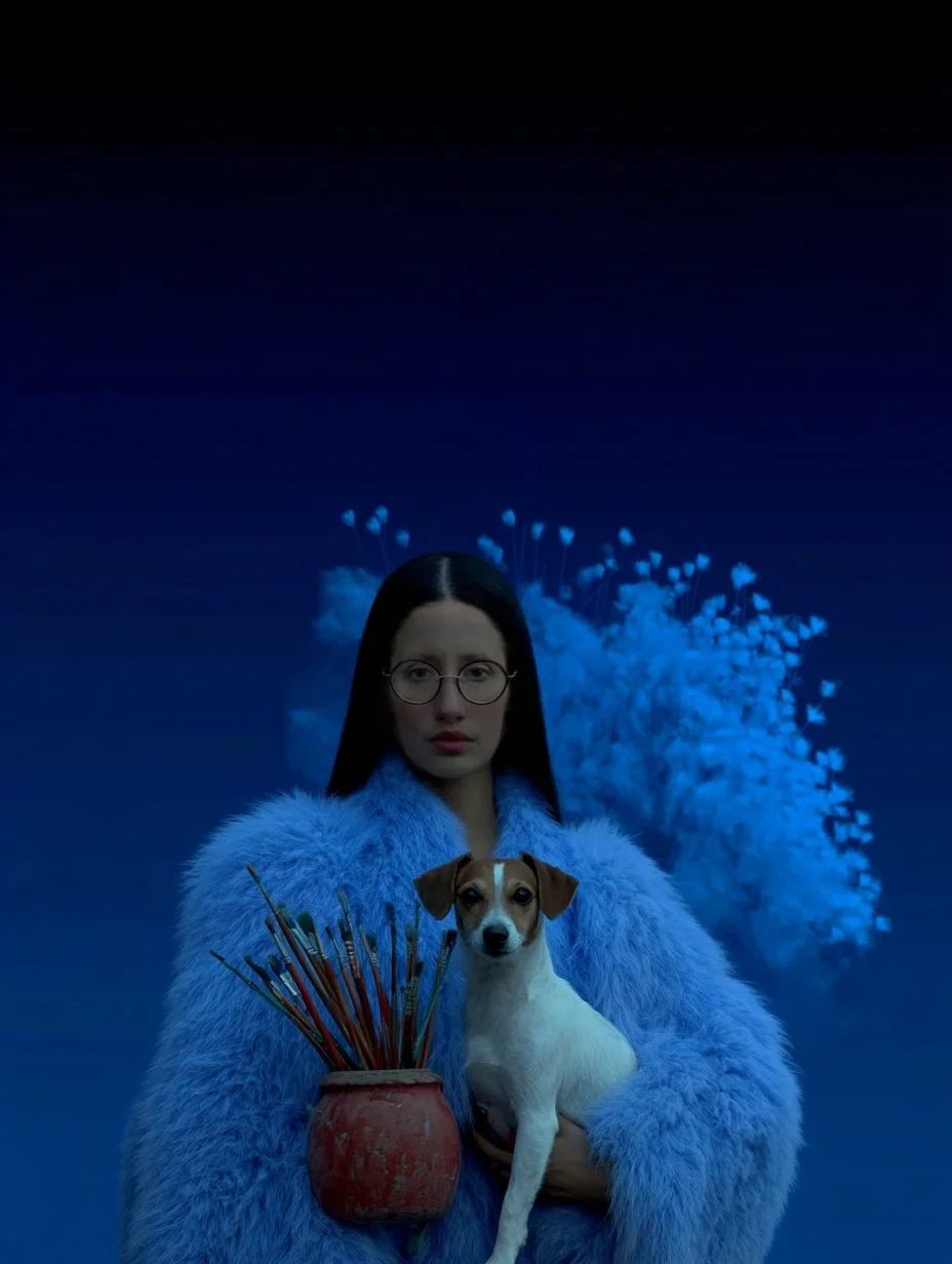 A woman with glasses and long dark hair, wearing a fluffy blue coat, holds a small white and brown dog. She is also holding a container of paintbrushes. The background is a dark blue gradient with an abstract, floral design.