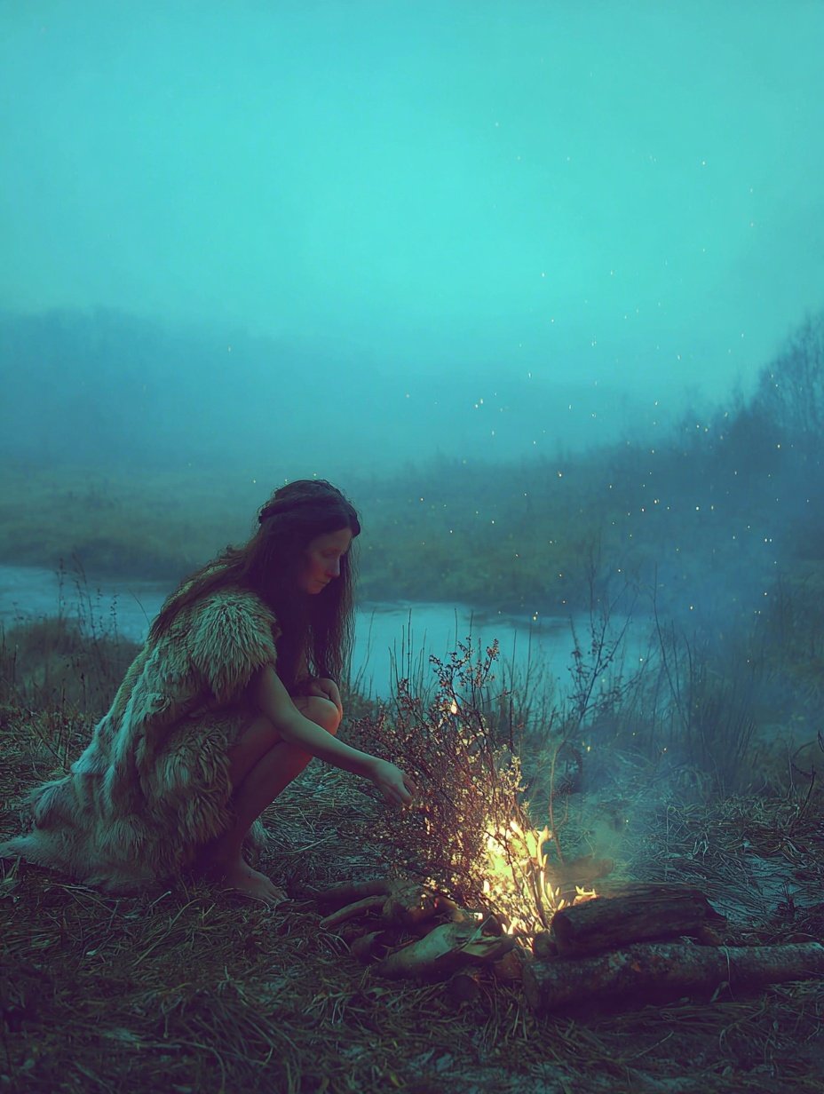 Woman sitting by a campfire near a lake with mountains in the background, during twilight or early evening.