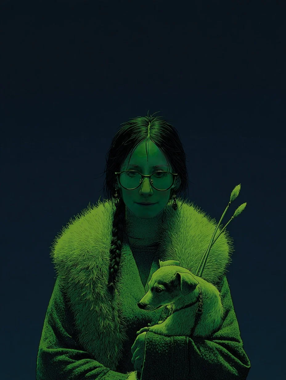 Digital artwork of a woman with glasses and braid, wearing a green furry coat, holding a small dog with arrows in its back, against a dark blue background.