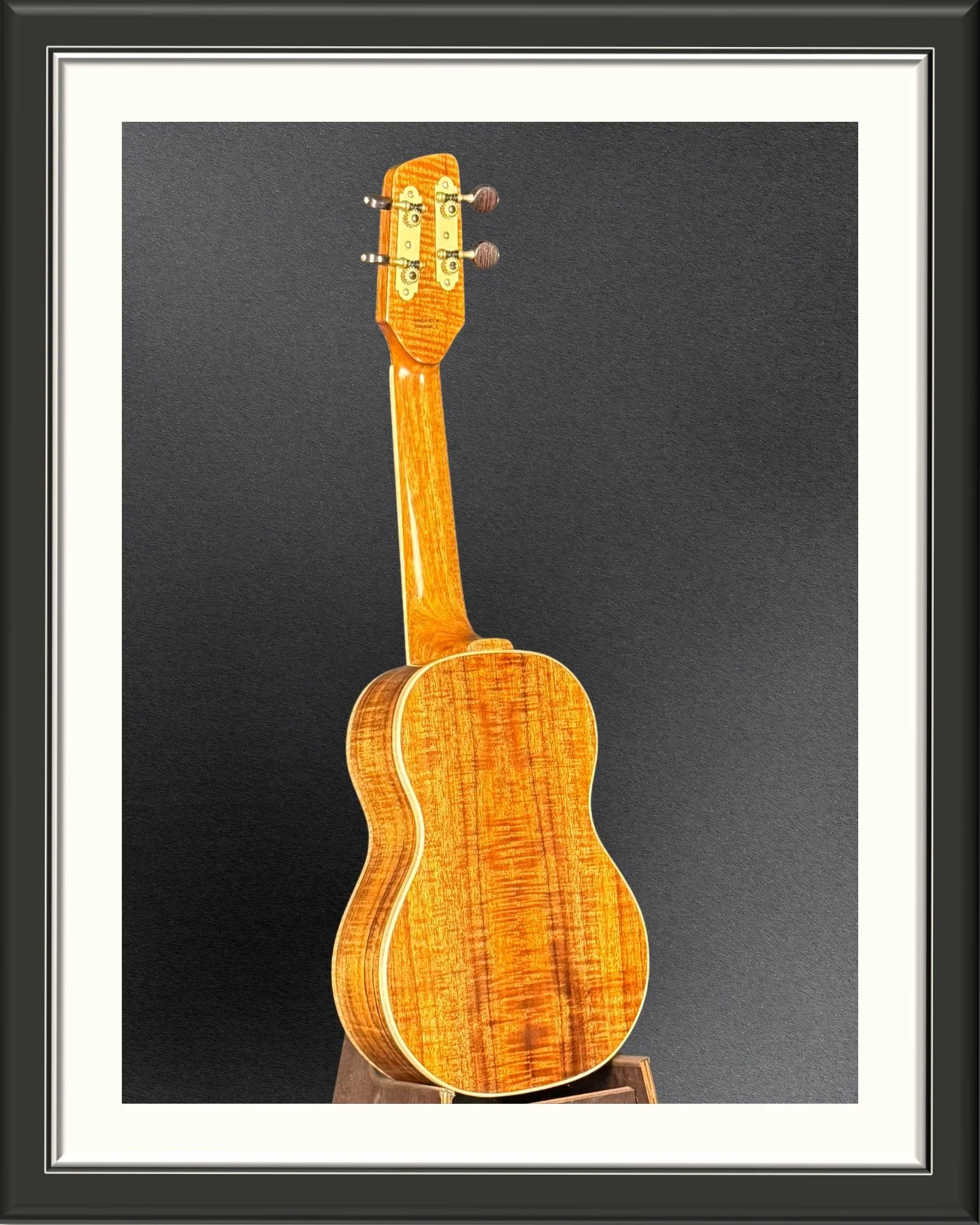 Back, facing right, of a MachMachines concert ukulele in Hawaiian Koa