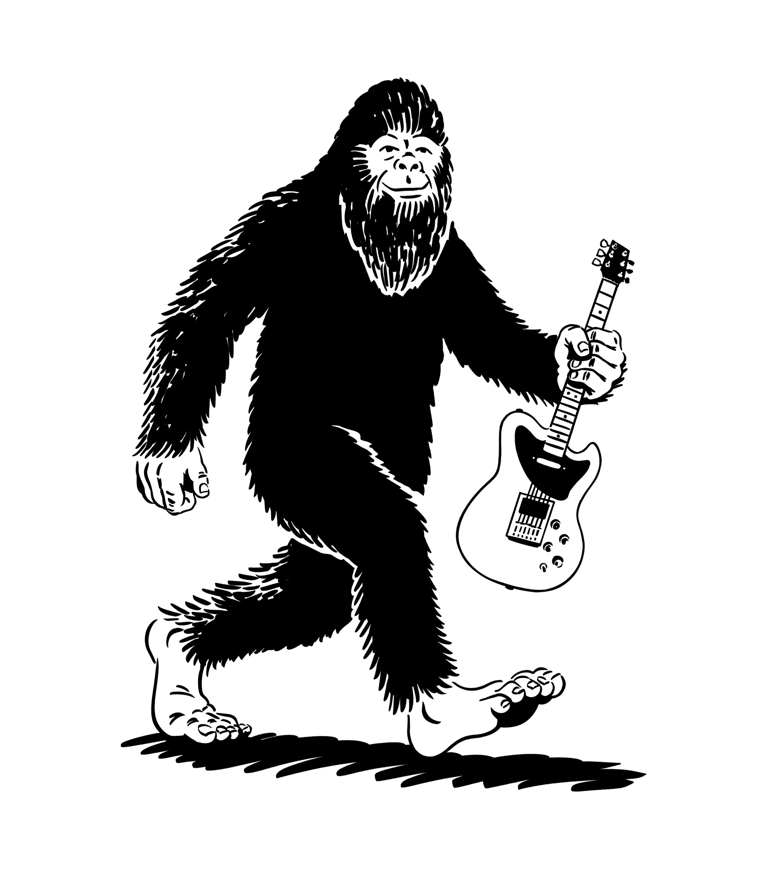 Sasquatch illustration of Vester holding a guitar. Artwork by Ryan Duggan.