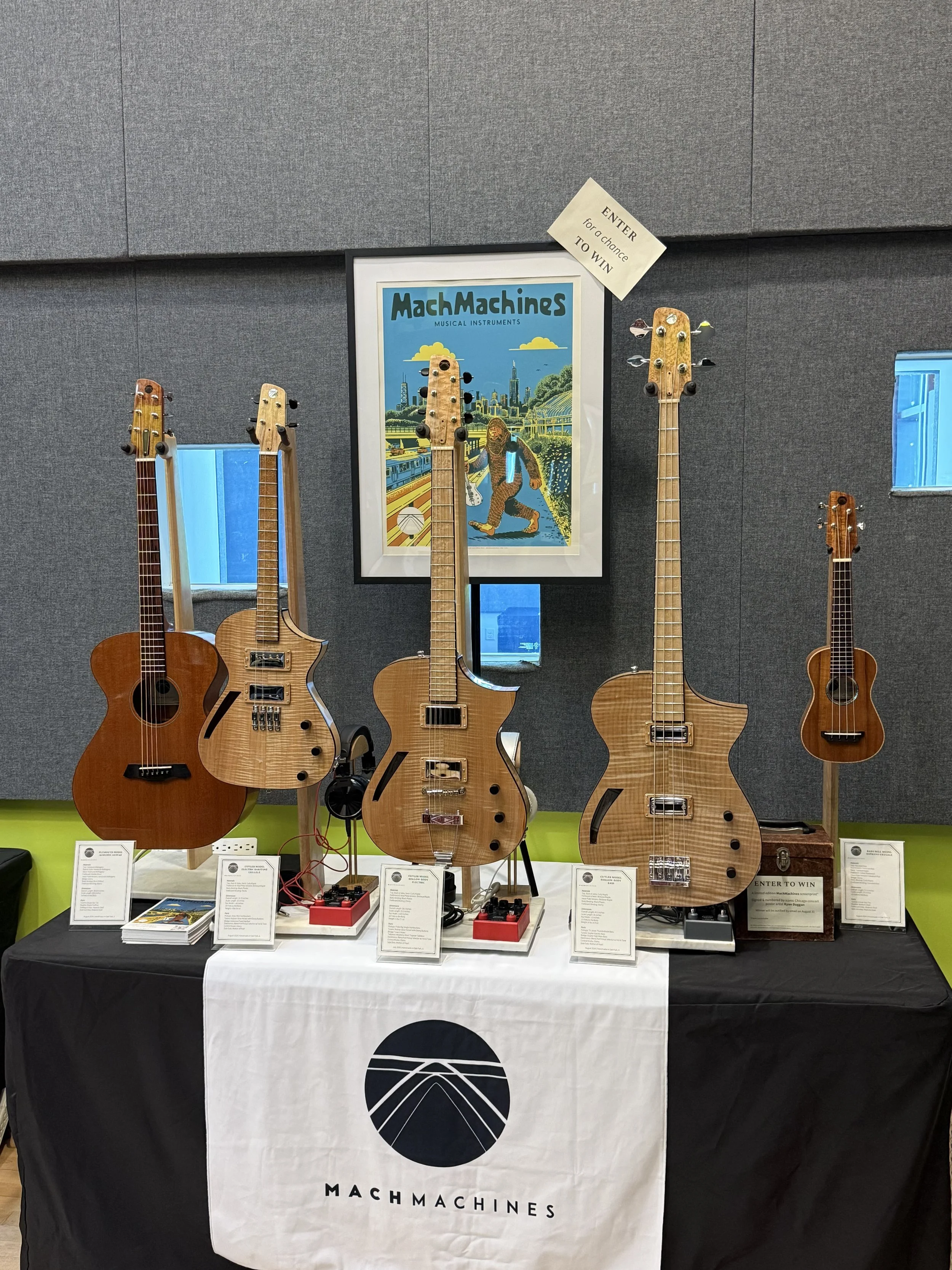 MachMachines displays the Cuyler Model electric guitar, bass, and ukulele lineup at the 2026 Fretboard Summit
