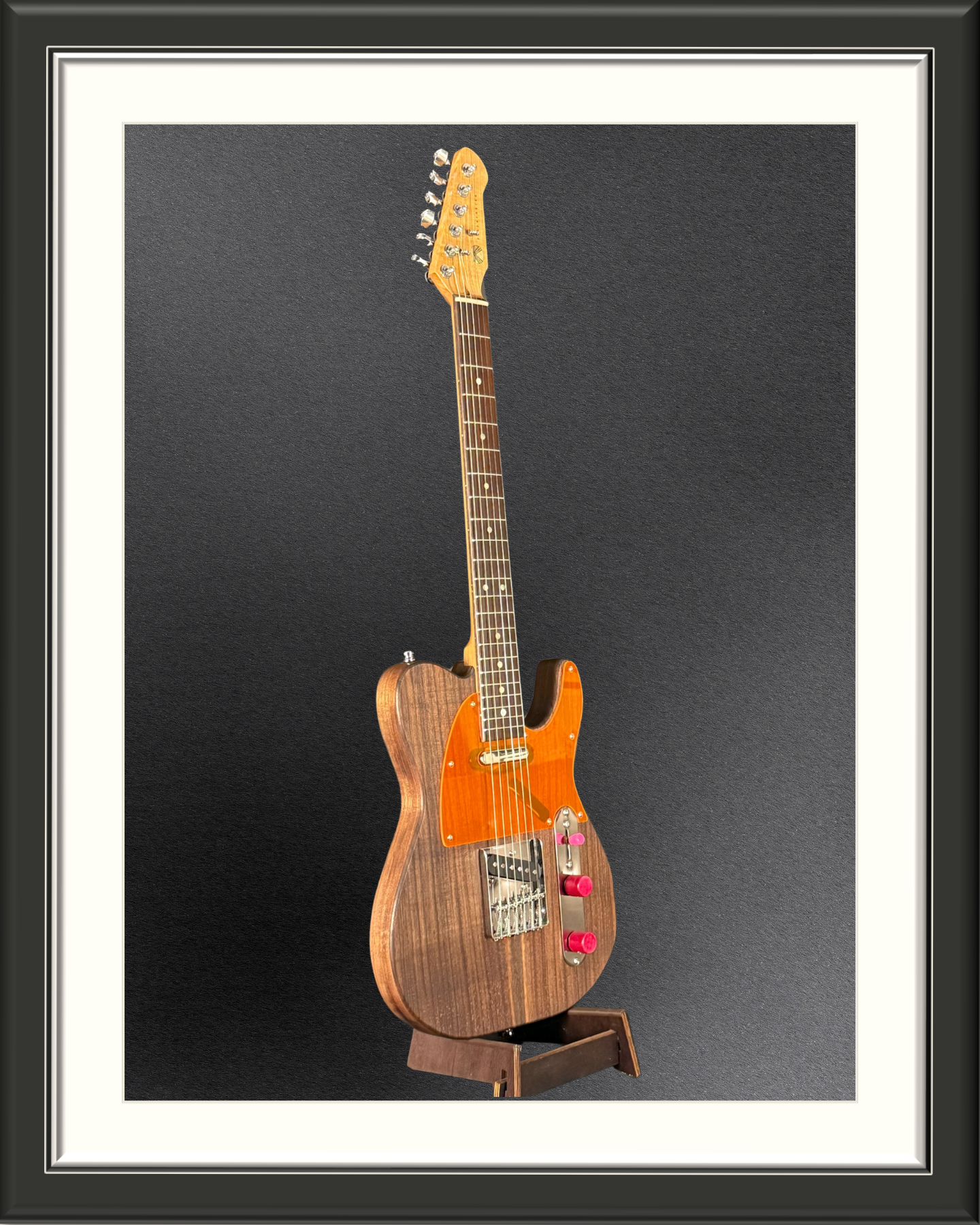 MachMachines Fellacaster Custom Electric Guitar_full front right tilt orange pickguard