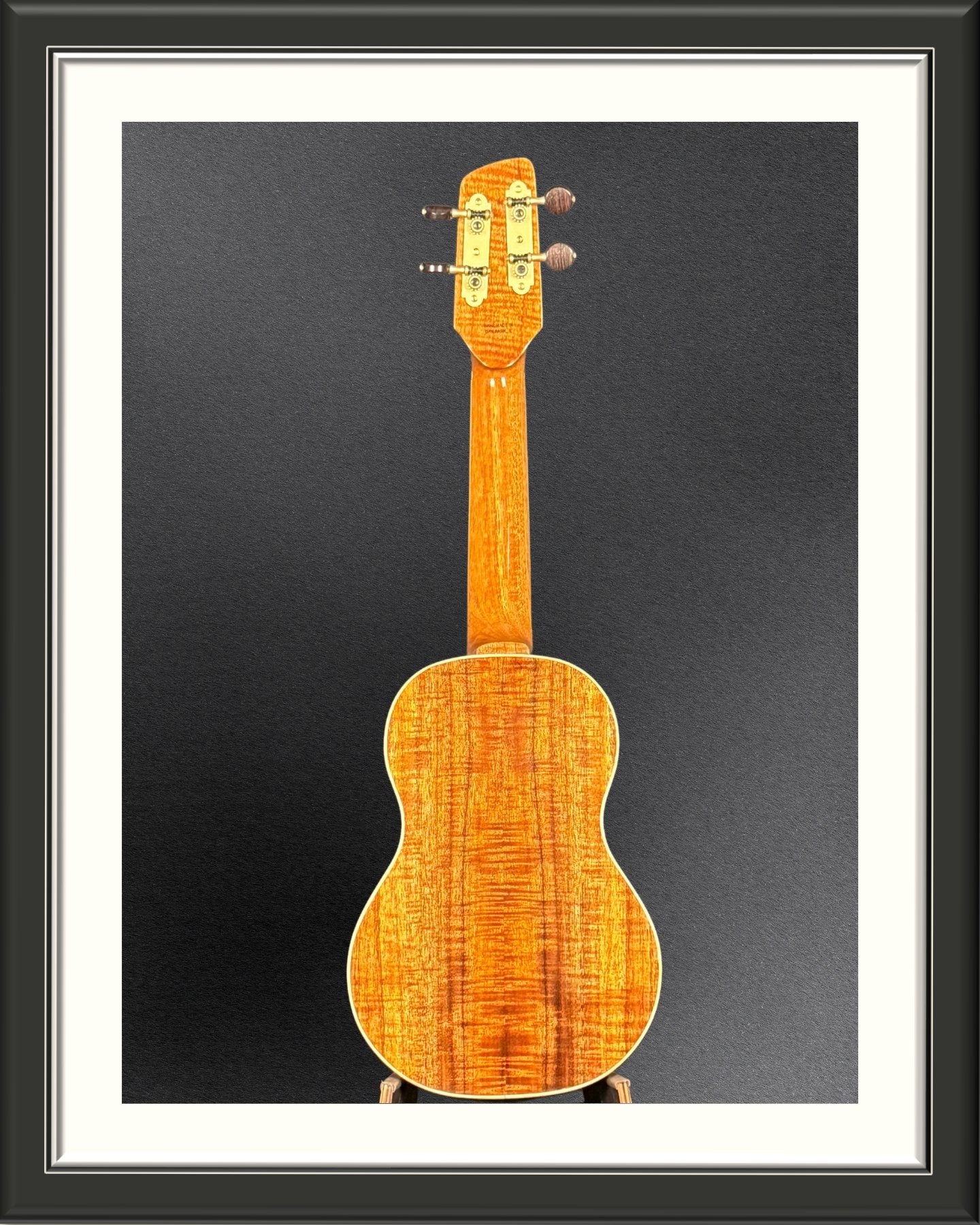 Back of a MachMachines concert ukulele in Hawaiian Koa