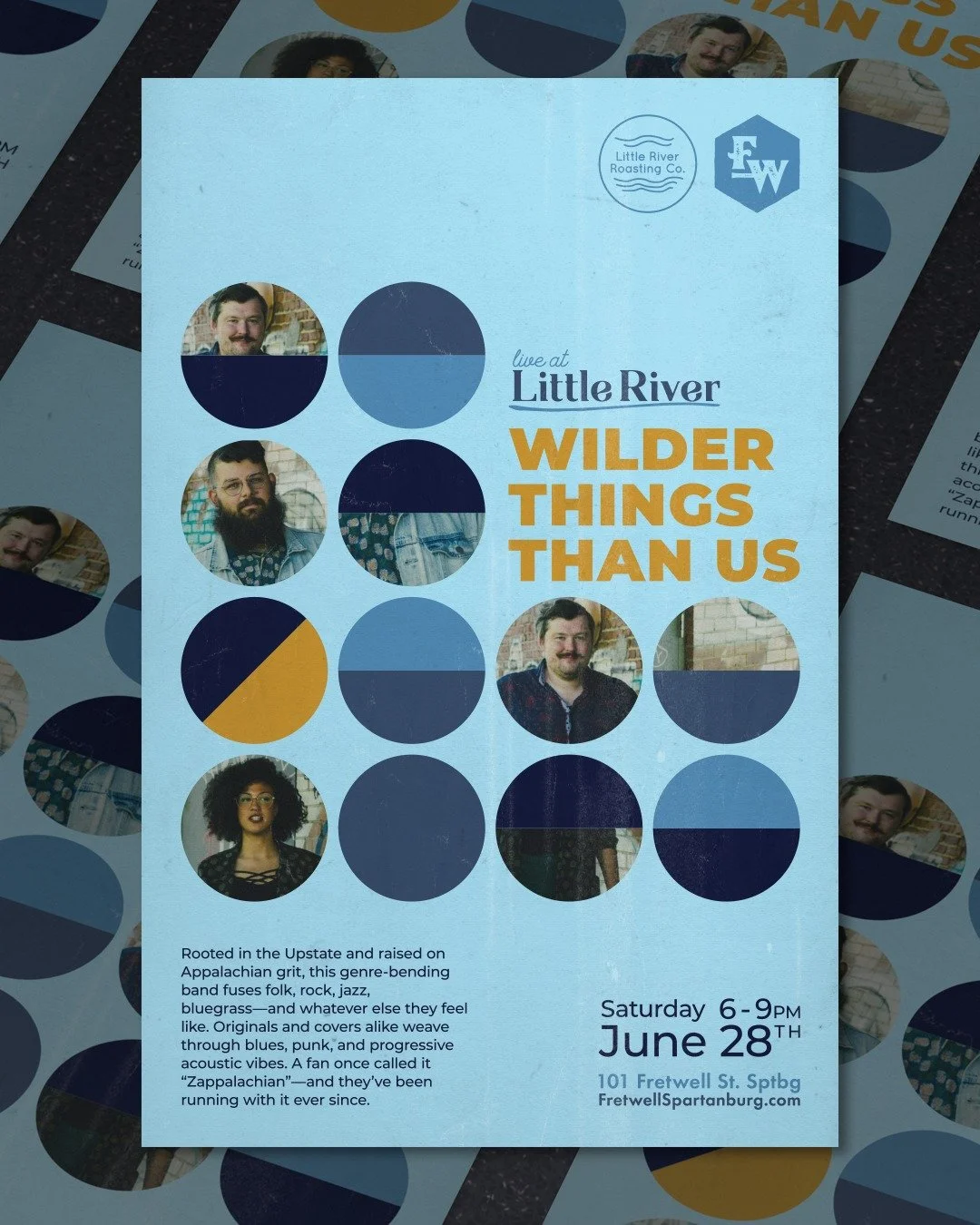 New poster for Little River Roasting/Fretwell's live music series, Live at Little River. Wilder Things Than Us - June 28th | 6-9 pm.
#LiveAtLittleRiver
@littleriverroasting @fretwellspartanburg @wilderthingsthanus