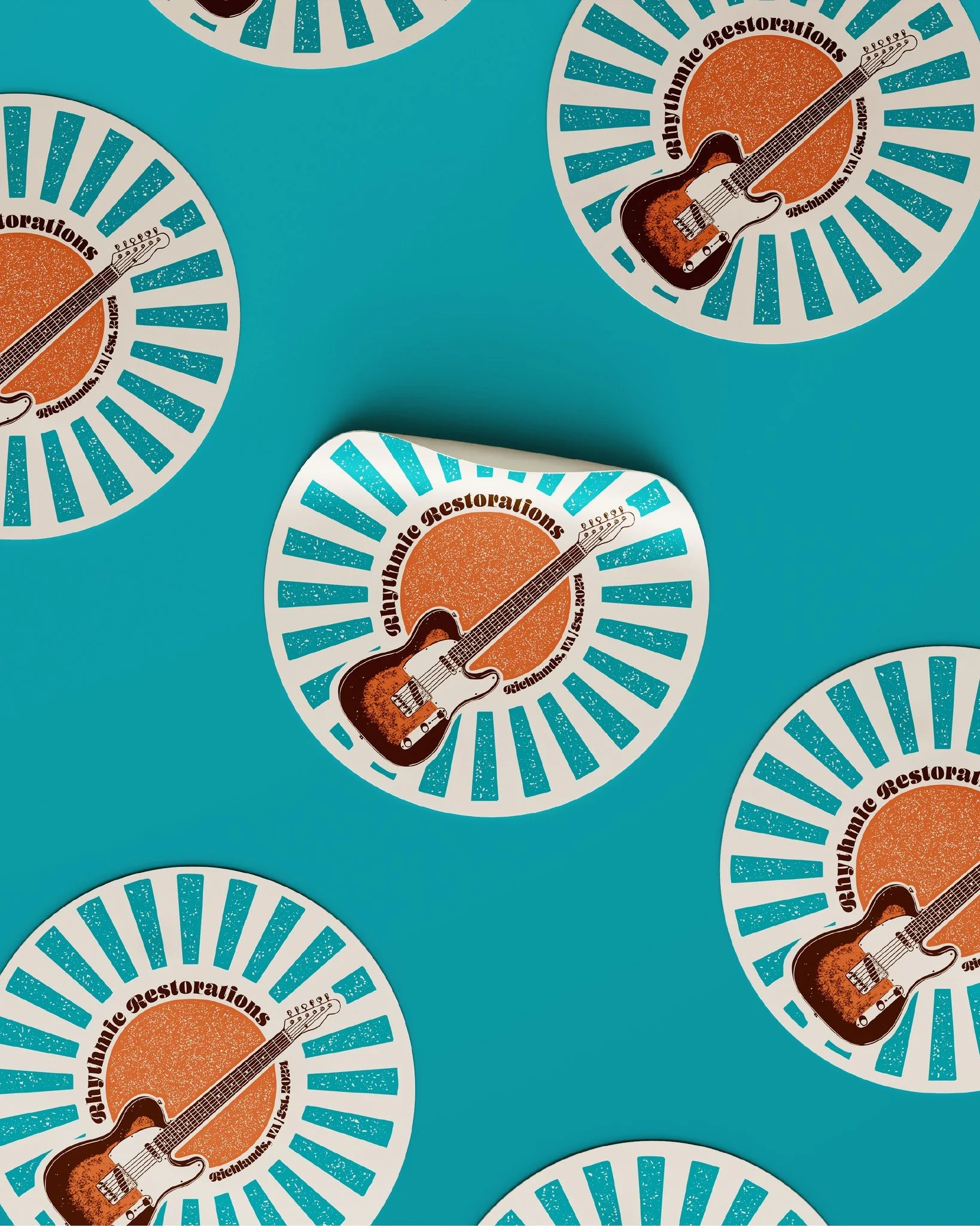 Hand drawn Tele stickers &amp; shirts for Rhythmic Restorations in Richlands, VA.