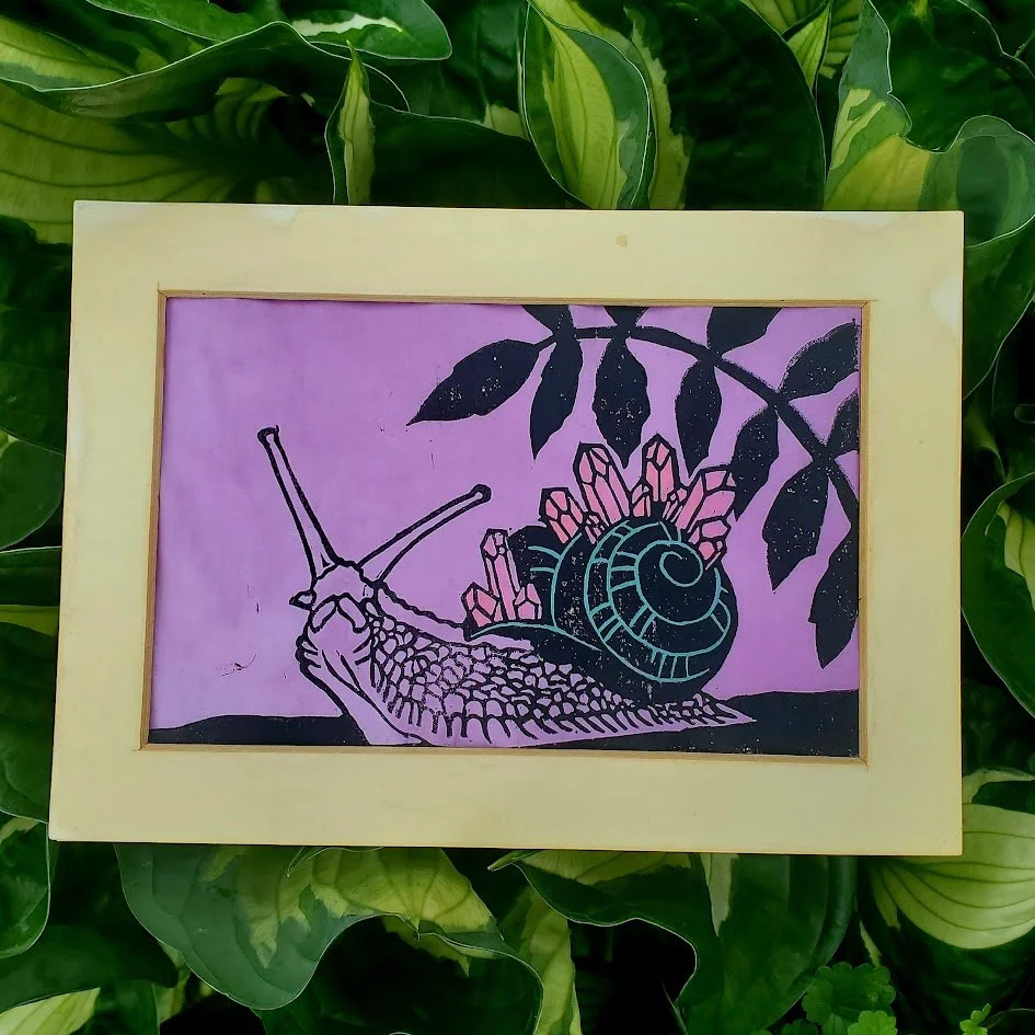 The Traveling Crystal Snailsman π printed on rice paper π painted with peony ink + coreopsis mat