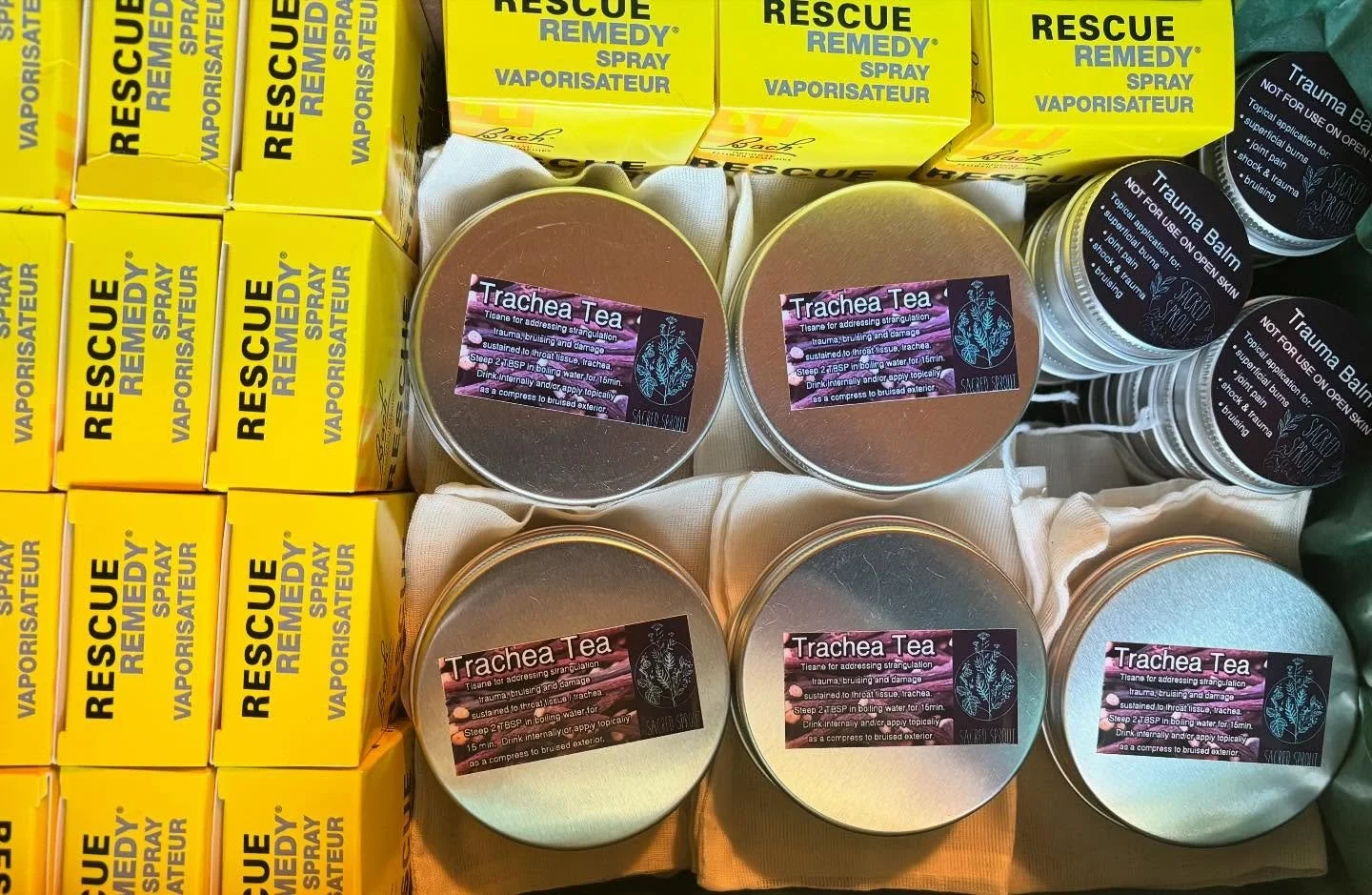 Trauma balms, Trachea Teas and Rescue Remedy&rsquo;s all ready to lend their medicine to Survivors of Sexualized Violence and Strangulation Trauma through partnership with @comoxvalleytransitionsociety 💚💛💚🌿 

A larger part of walking with the gif