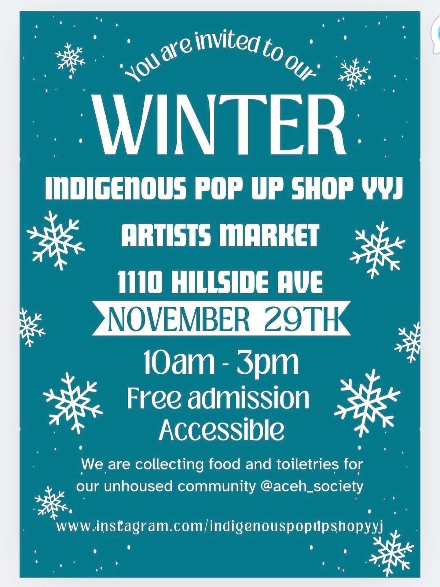 ❄️I am vending at the Indigenous Pop up Shop YYJ Winter Artists Market, Saturday, November 29th 🌲
1110 Hillside Ave 
( Norway House) 
10-3
Support your local Indigenous Artists!
❤️38th Market❤️

Please bring non perishable food or toiletries for @ac