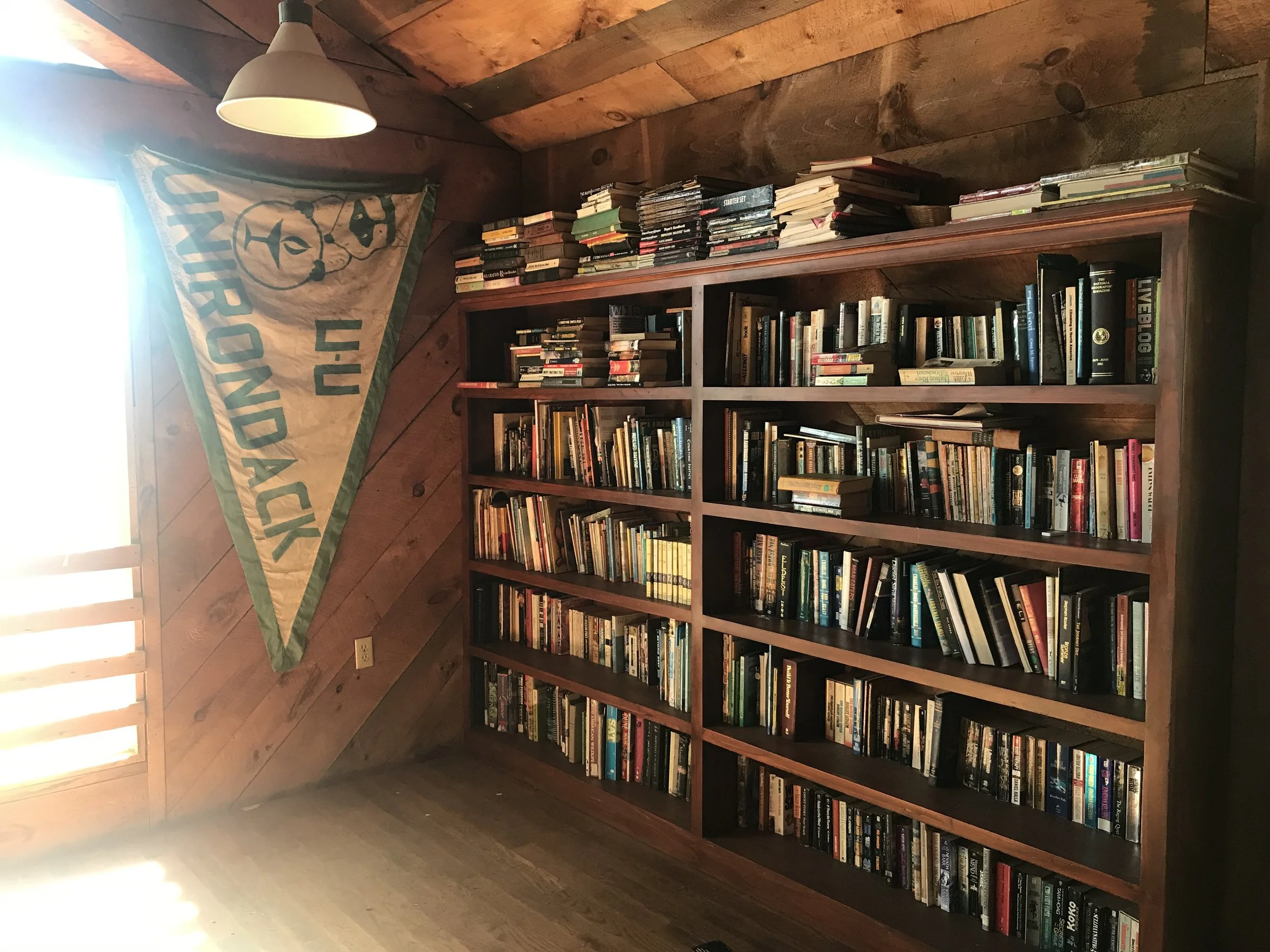 Wooden bookshelf filled with books, a flag hanging on the wall to the left, and a window with sunlight shining through.