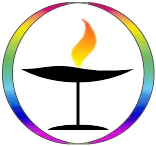 A black candle holder with a lit orange and yellow flame, surrounded by a circular rainbow-colored border.