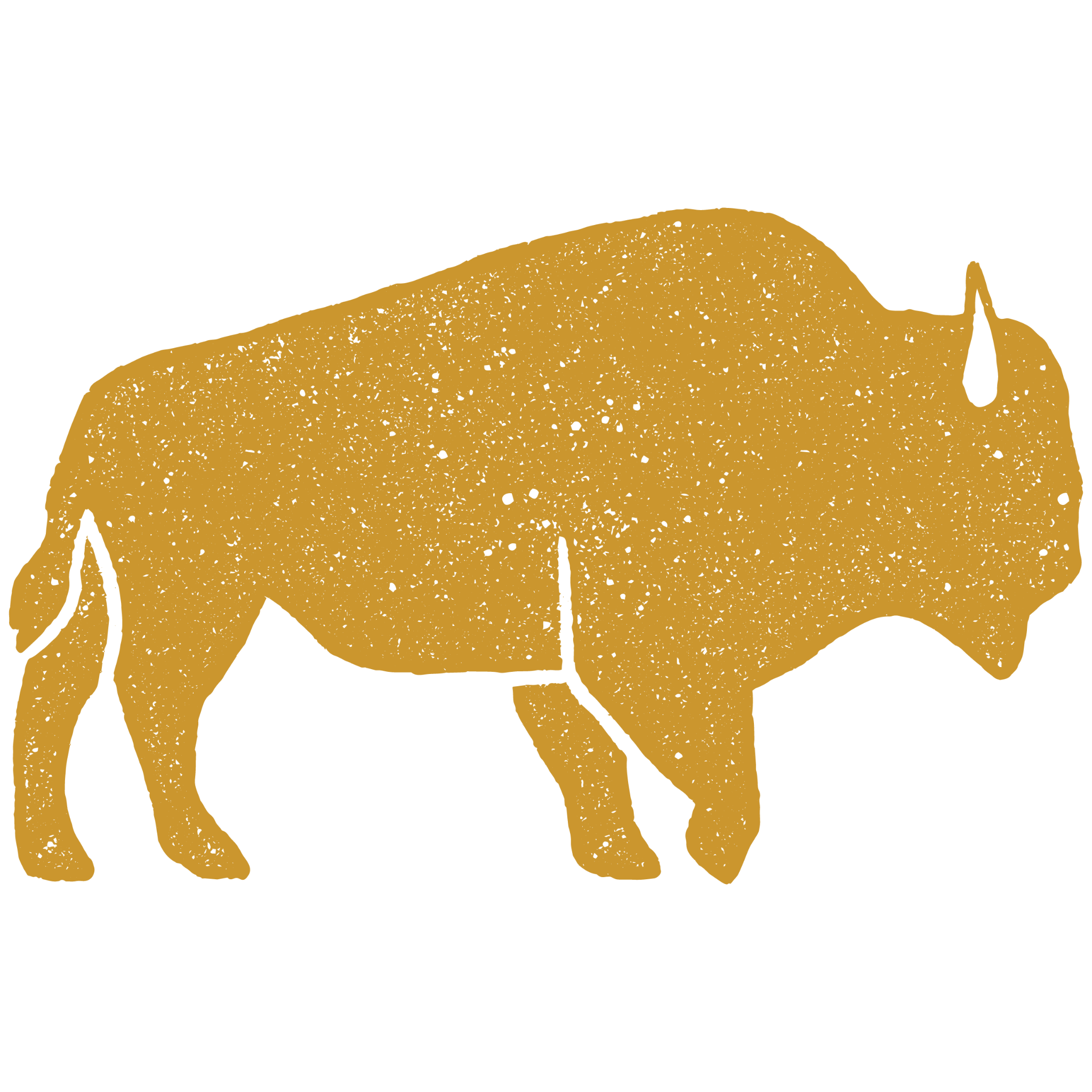 An illustration of a buffalo in a gold color on a black background.