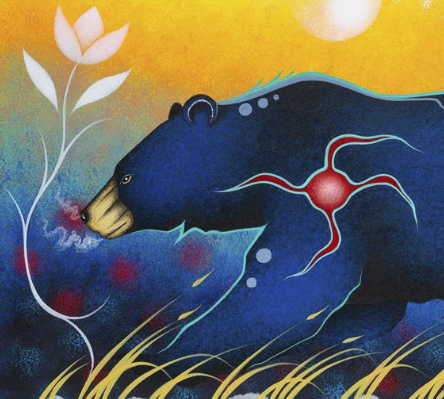 Futuristic black panther with glowing red and blue lines, set against a colorful abstract background with plants and a sun.