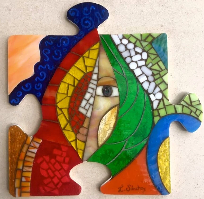 "Hope"  -  
Vitro-Mosaic/Acrylics wood puzzle piece.
Contribution to Any Baby Can - Autism Awareness 