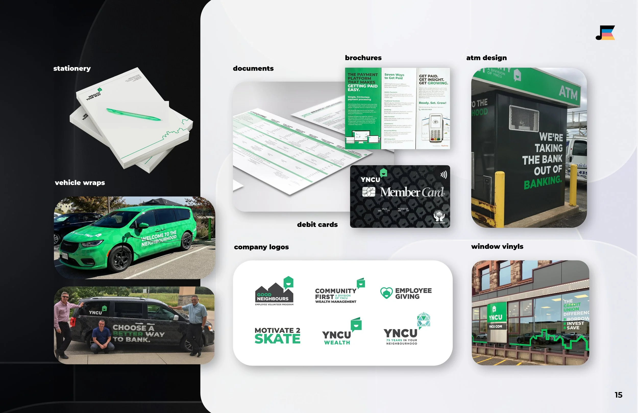 corporate stationery design, vehicle wraps, documents and brochures, corporate logos, ATM vinyl wrap design, and exterior branch vinyl design 