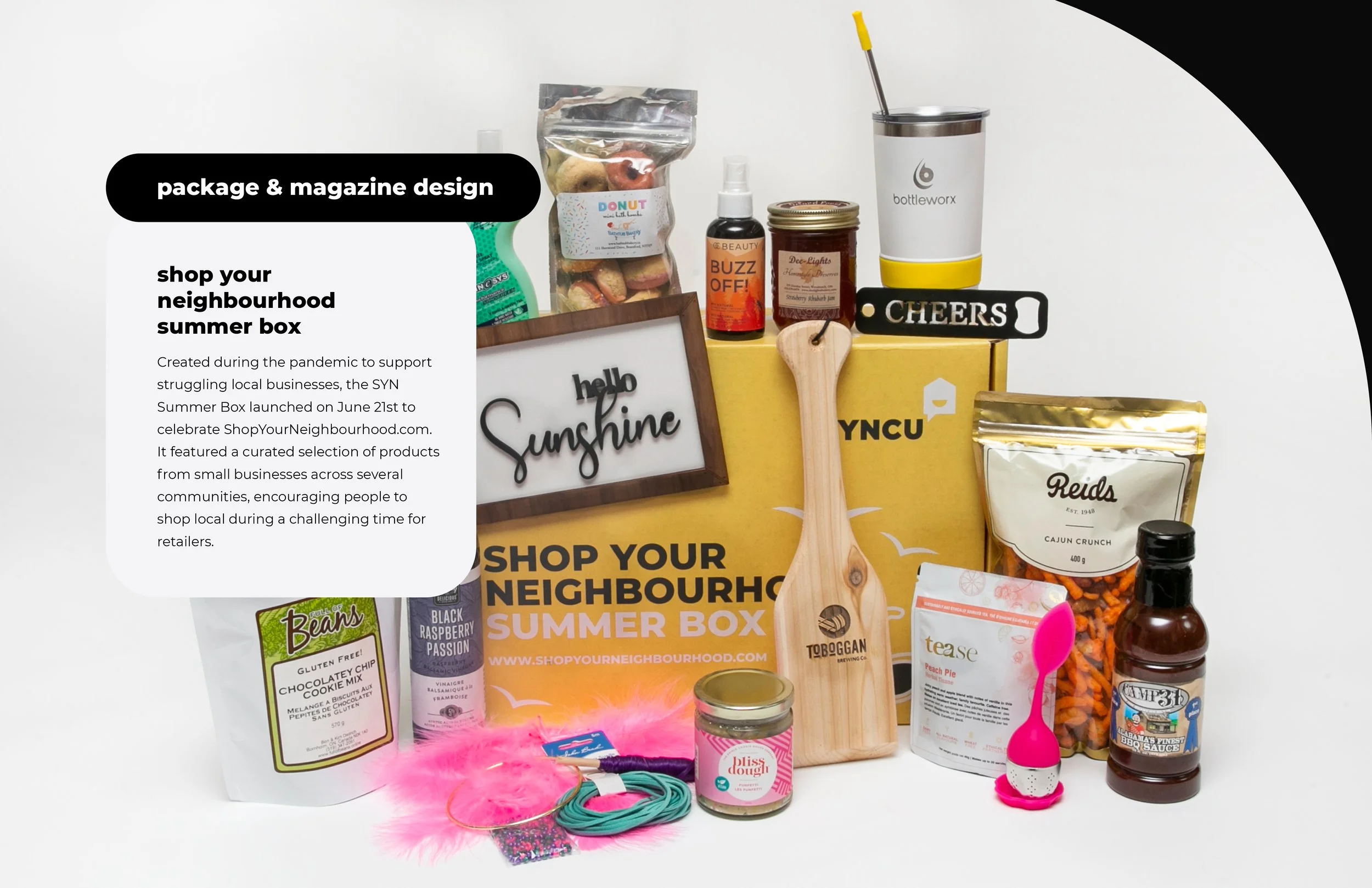 package + magazine design: YNCU's shop your neighbourhood summer box (photo credit: shaylan spurway photography)
