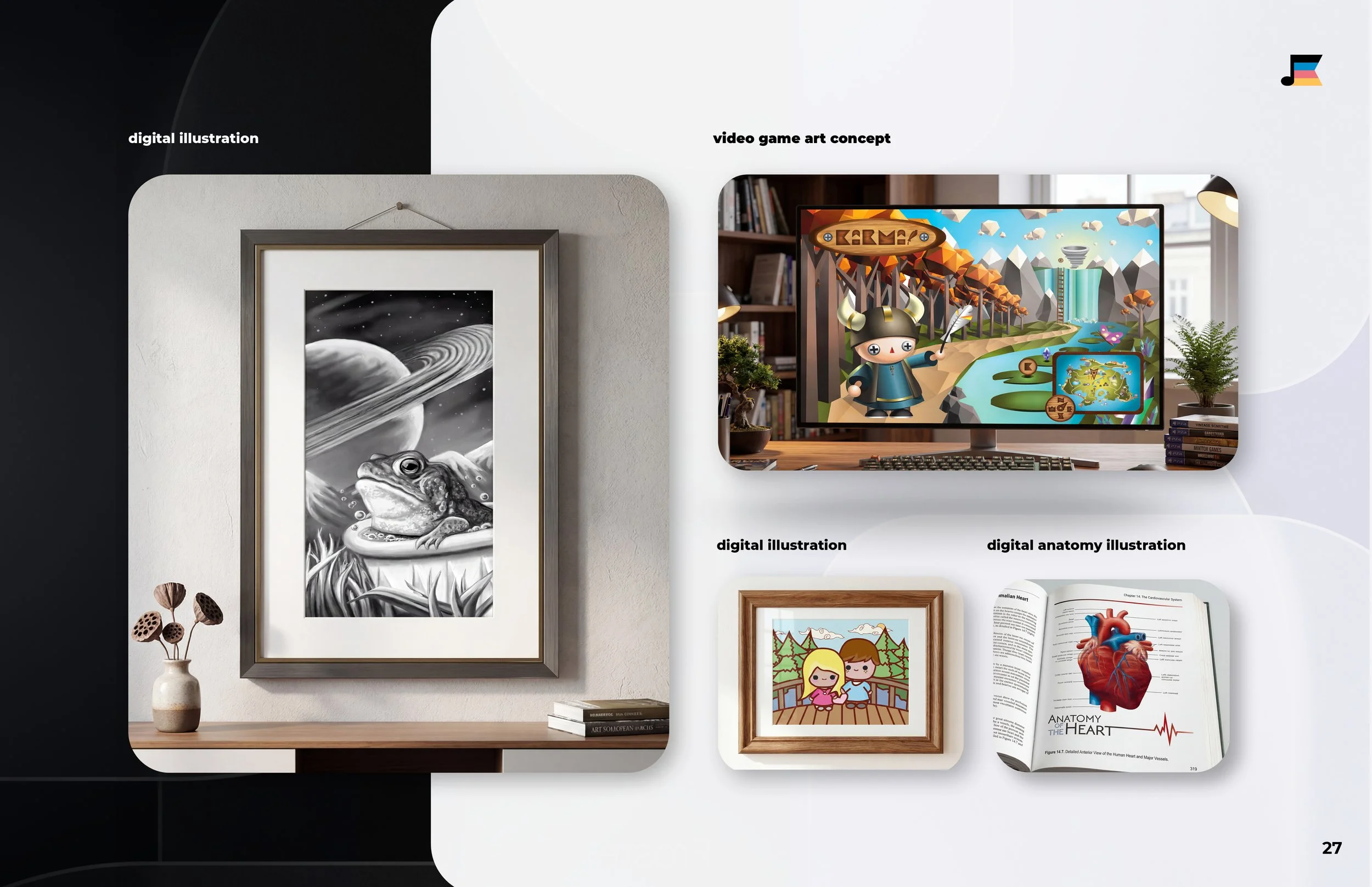 digital illustration (toad), video game art, digital illustration (kawaii art), and digital anatomical painting (human heart)