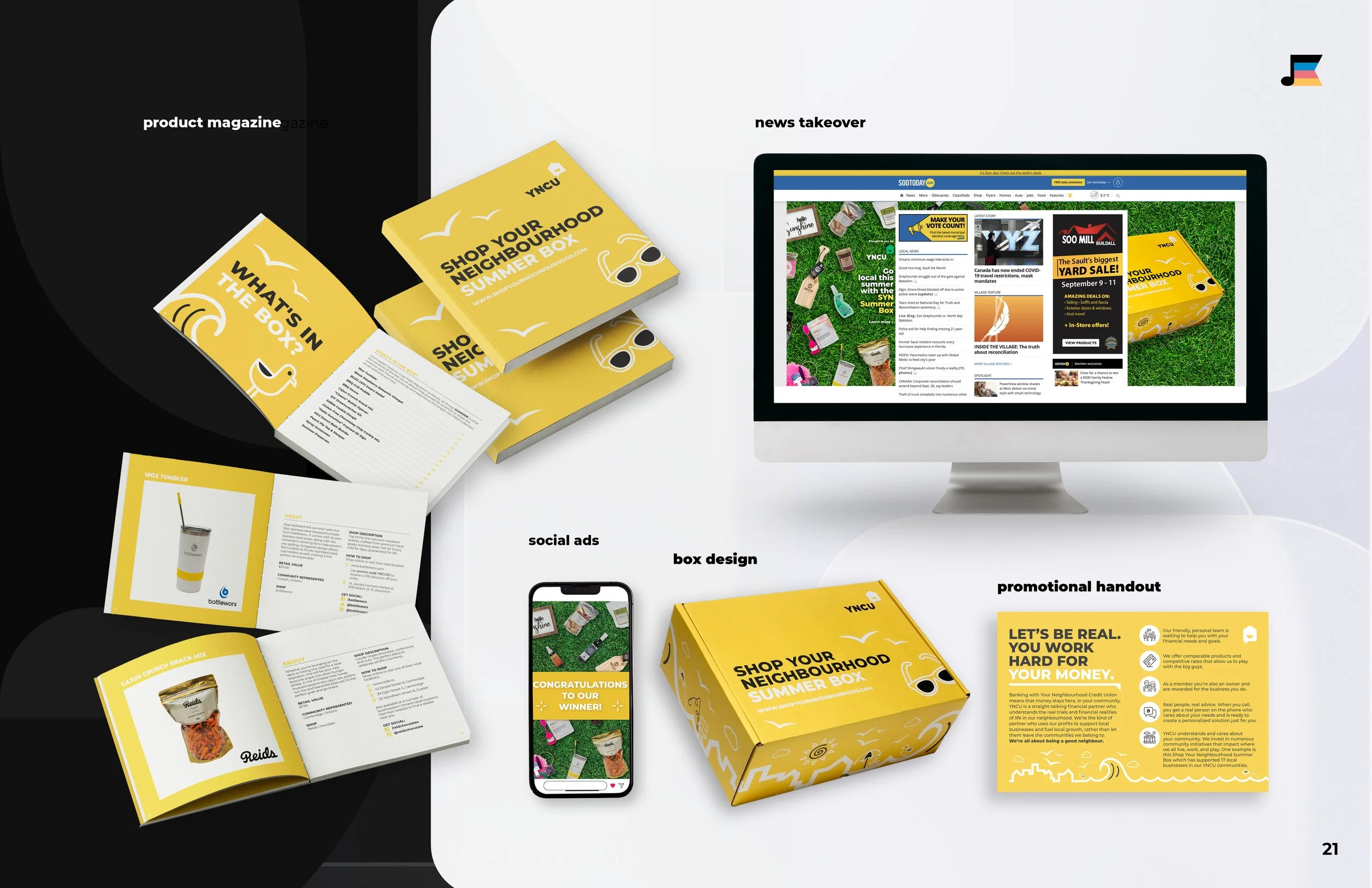 magazine design, news site takeover advertising, box design, social media posts, and post card design